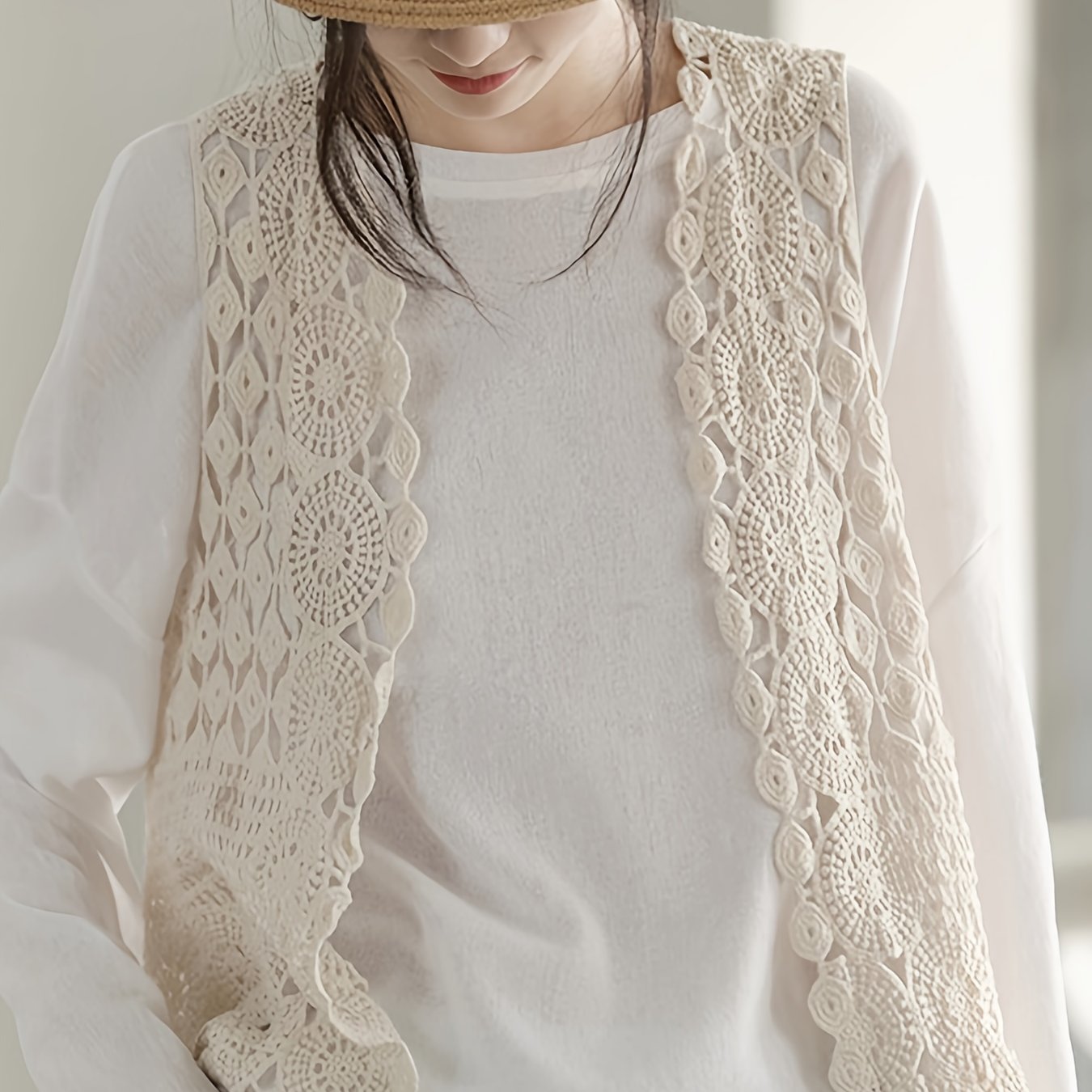 Boho Chic Cotton Breathable V-Neck Cardigan Vest for Women - Sleeveless, Hollow Out Design with Geometric Pattern, Perfect for Spring\u002FSummer, Short Fashion, Outdoor Wear, 14-16