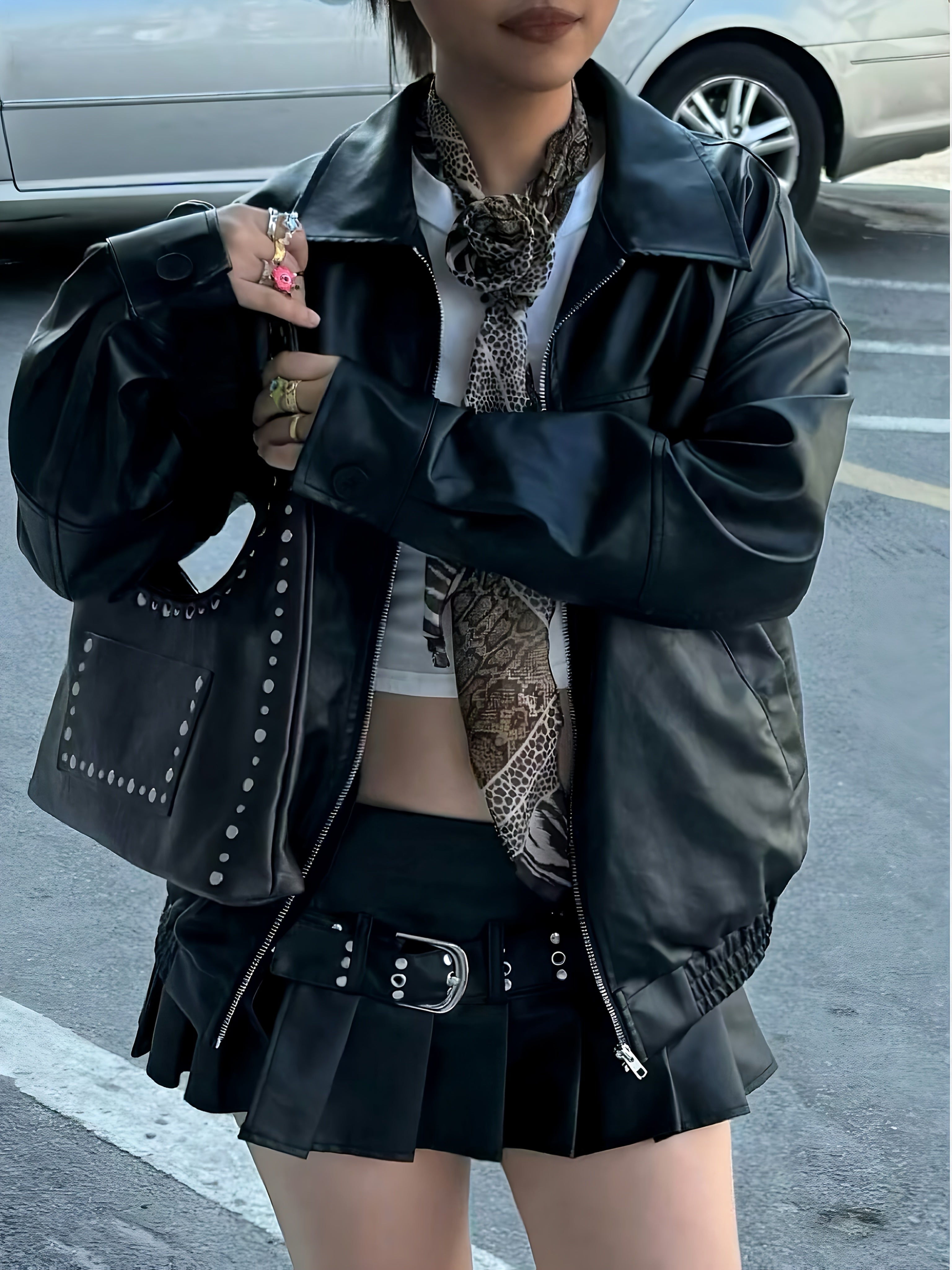 Women's Black Avant-Garde Biker Casual Lapel Baggy Long-Sleeved PU Leather Jacket, Spring & Fall, Zipper Closure, Lightweight & Durable, Perfect for Casual Outings