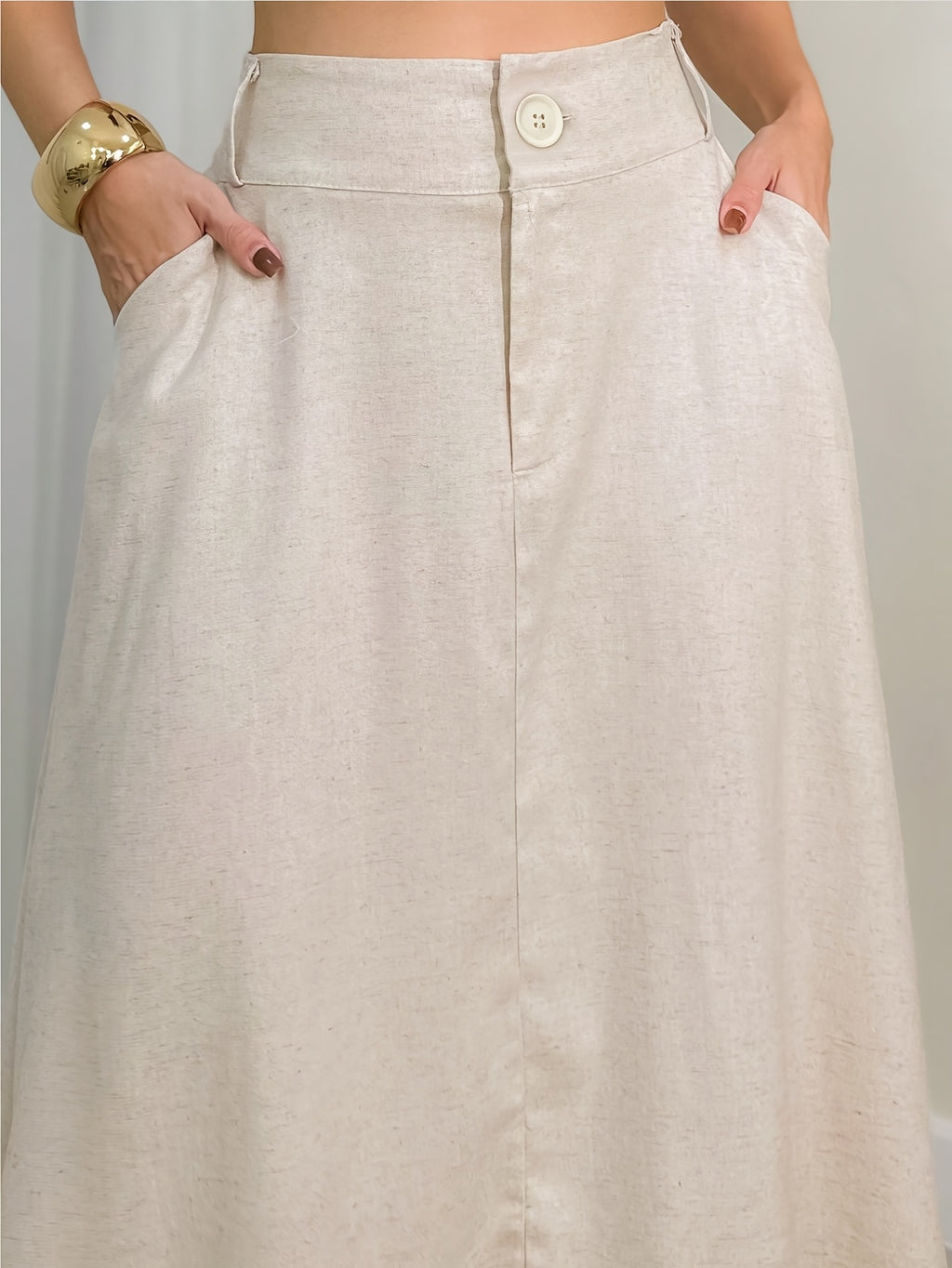 Women'S Elegant High-Waisted A-Line Midi Skirt - Lightweight 3\u002F4 Sleeve, Beige Solid Color, Perfect for Summer Commute & Casual Wear, Casual Summer Wear | Aline Silhouette | Smooth Textur