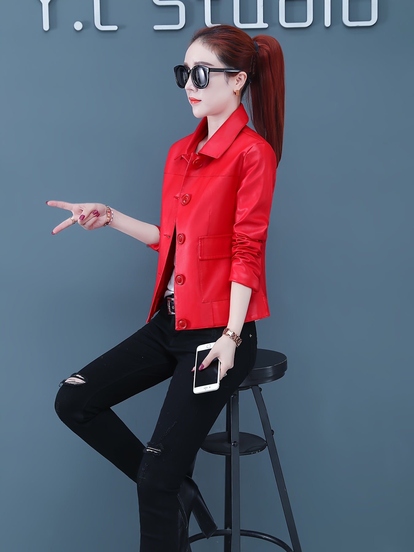Women's Premium PU Leather Jacket - Elegant Korean Style Short Slim-Fit Red Button-Up Blazer with Notch Lapel & Flared Hem, Spring\u002FAutumn Casual Outerwear