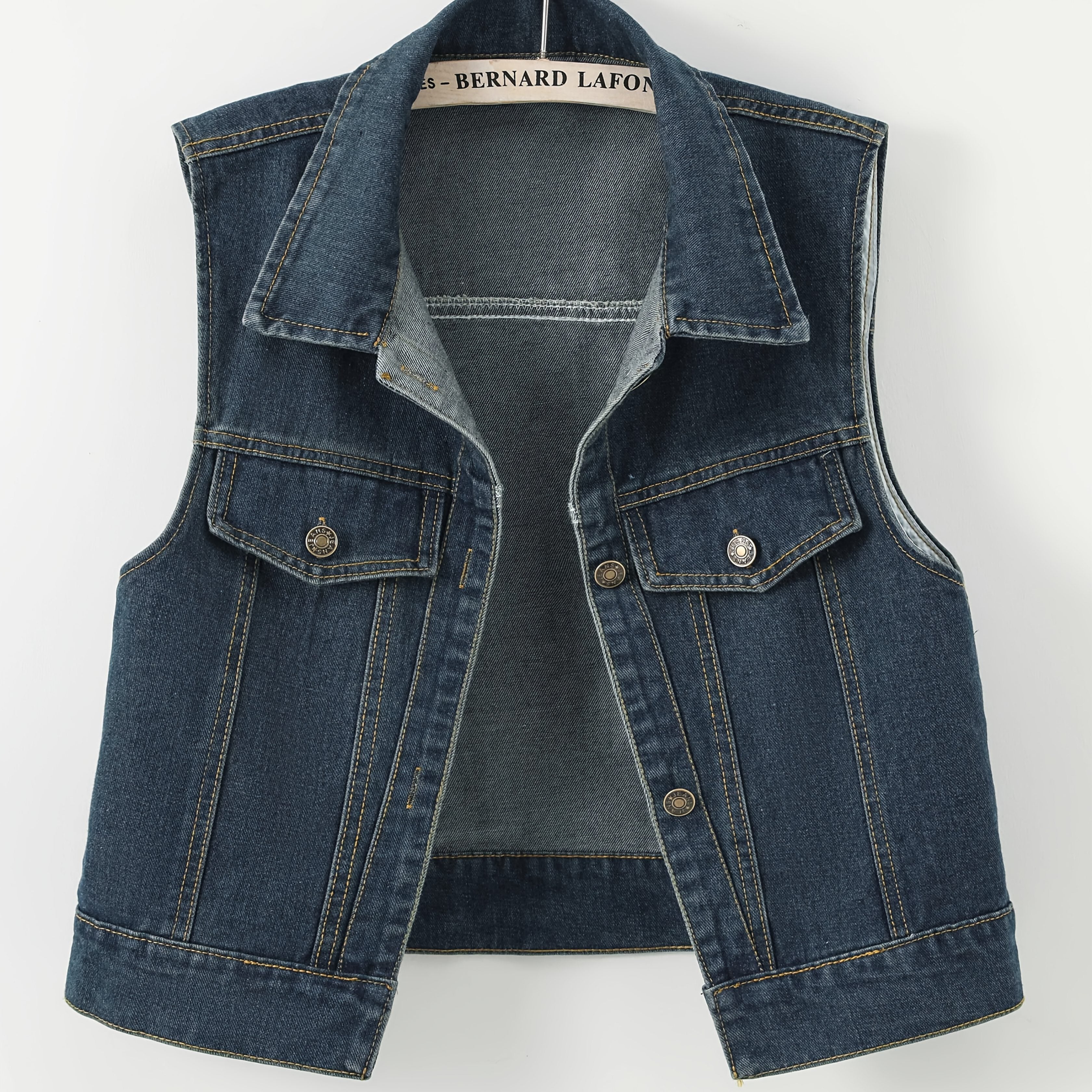 Women's Sleeveless Denim Vest - Retro Distressed Blue Washed -like Texture, Machine Washable All-Season Layering Piece, Casual Chic Short Jacket for Everyday Outfits, Sleek Flap Pockets