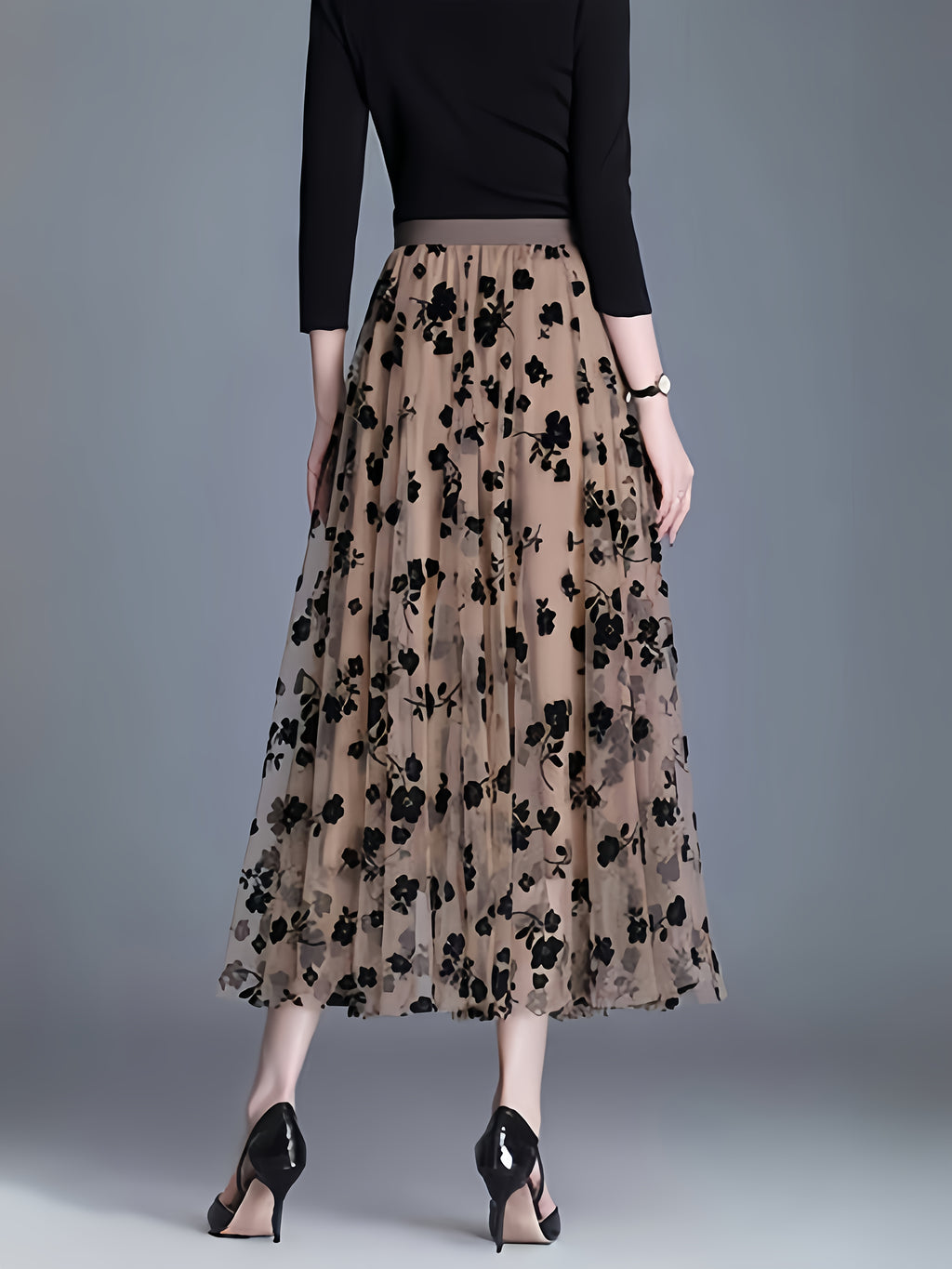 Directional Elegant Floral Printed Mesh Skirt, High-Waisted Casual Long Skirt, Women'S Clothing