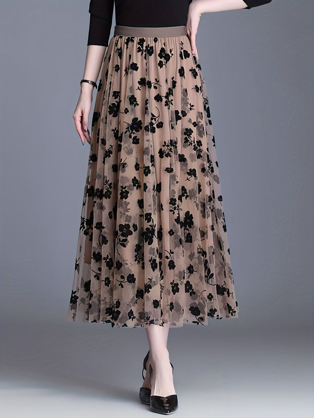 Directional Elegant Floral Printed Mesh Skirt, High-Waisted Casual Long Skirt, Women'S Clothing
