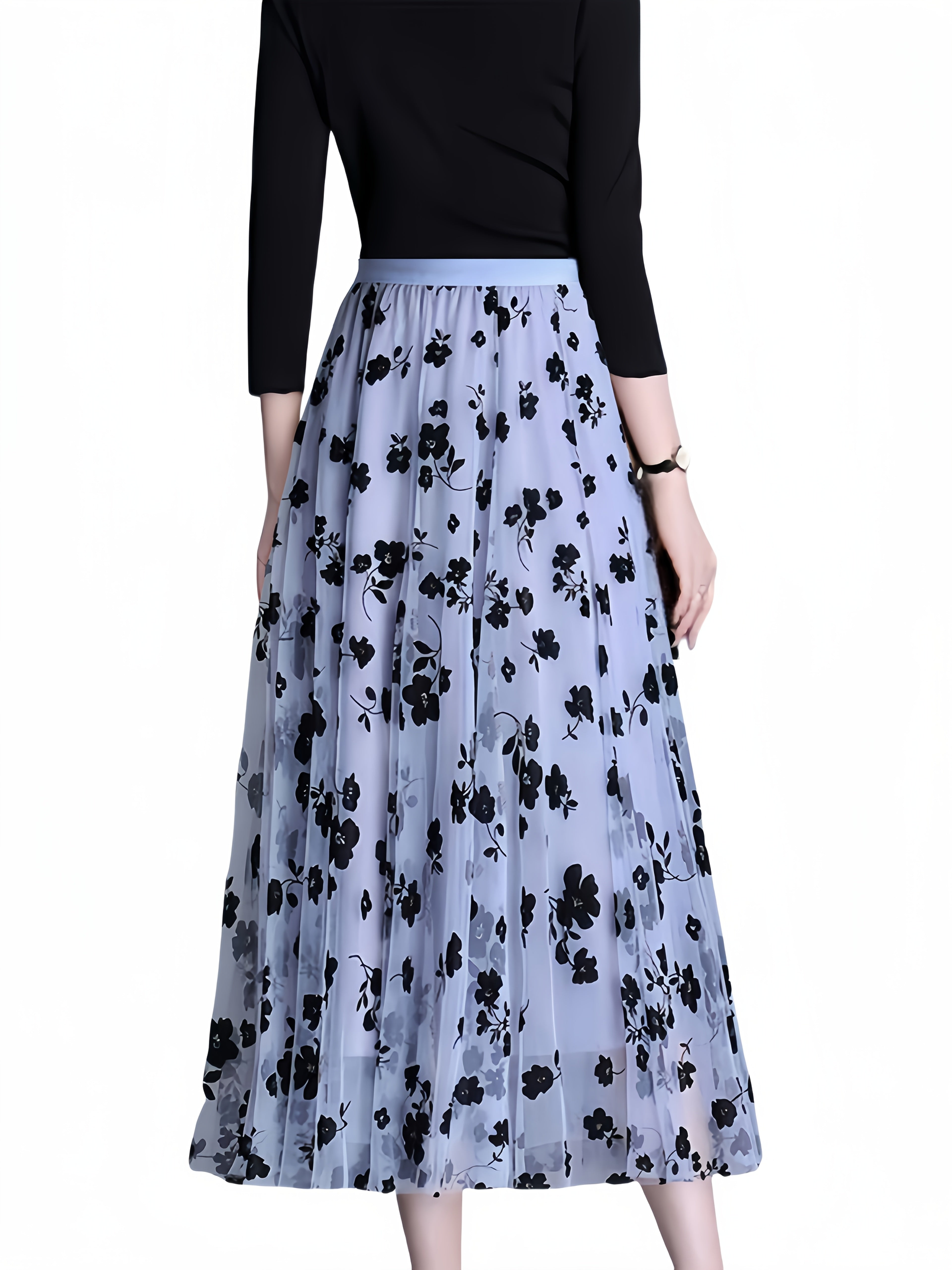 Directional Elegant Floral Printed Mesh Skirt, High-Waisted Casual Long Skirt, Women'S Clothing