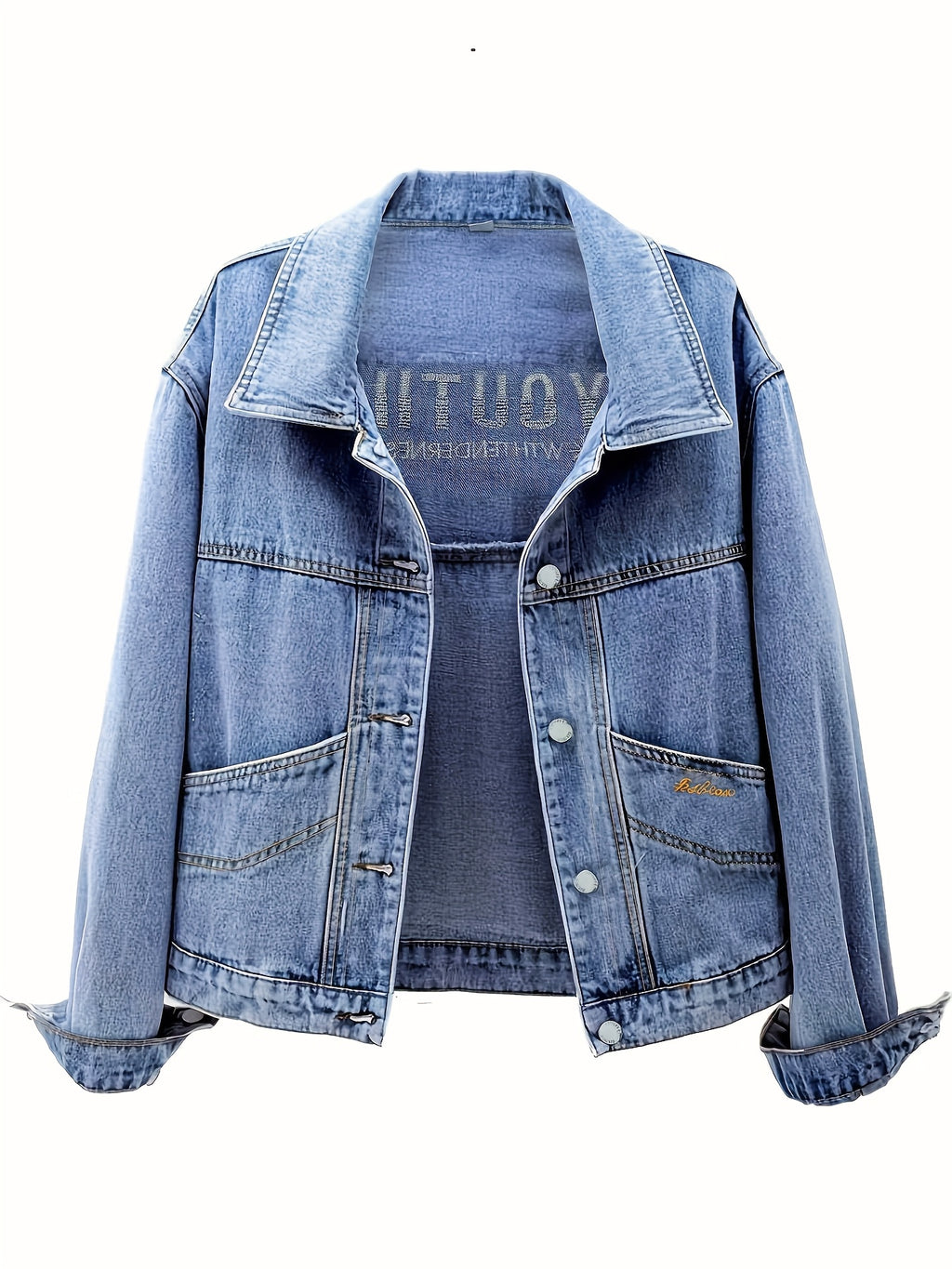 Women's Retro Slimming Loose Fit Short Jacket - 65% Blend Embroidered Letter Detail, Lapel Collar Spring\u002FFall Casual Outerwear, Versatile Blue Denim Coat for Casual Attire, Casual Women's Jacket | Embroidered Denim | Relaxed Fit Jacket