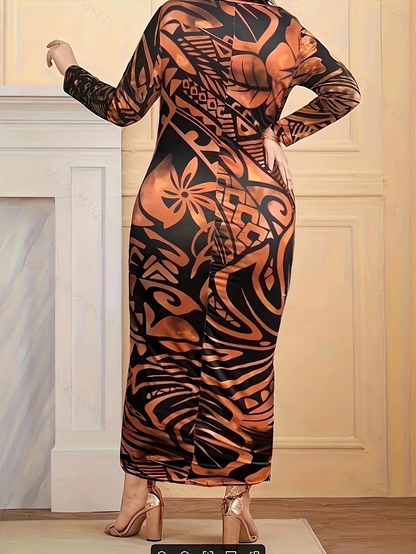 Elegant Plus Size Long Sleeve Maxi Dress for Women - Round Neck, High Stretch, Floral Print, Bodycon Fit, Vacation Style, All-Season Wear, Vibrant Orange & Black Floral Design, Long Sleeve Dres