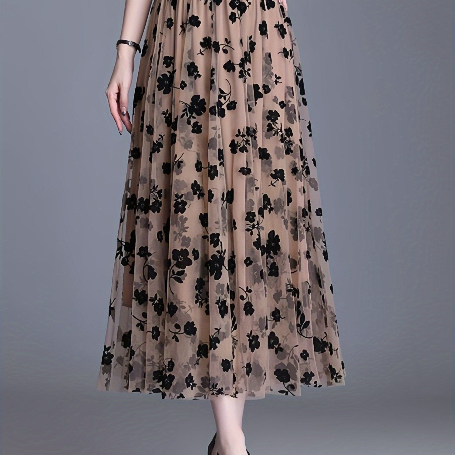 Directional Elegant Floral Printed Mesh Skirt, High-Waisted Casual Long Skirt, Women'S Clothing