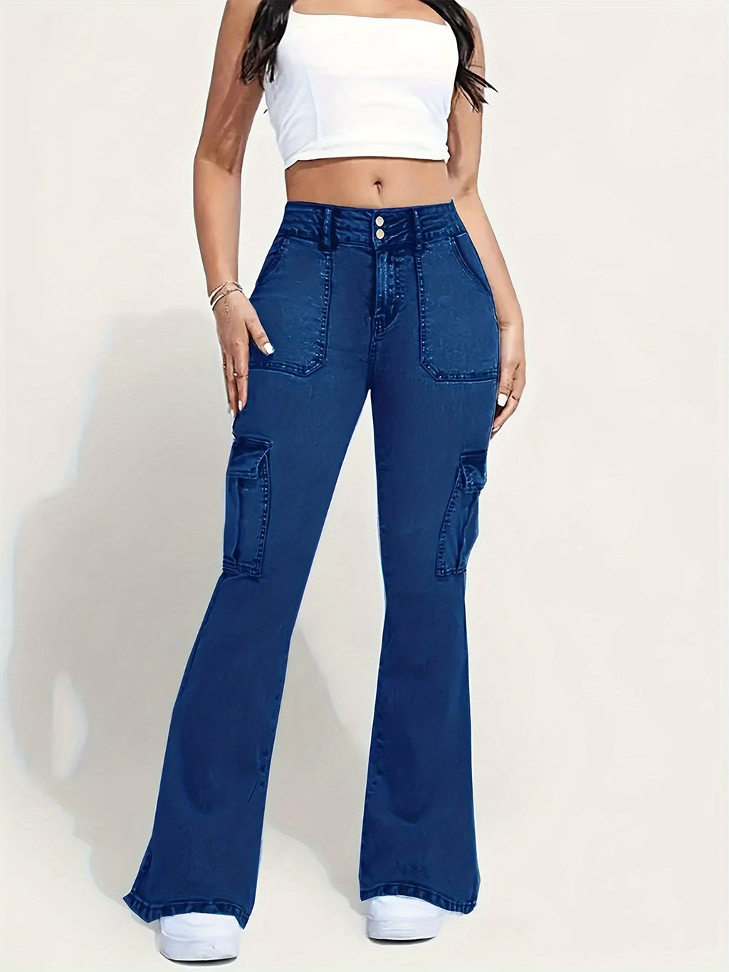 Women's High-Waist Stretch Denim Flare Jeans - Comfort Fit, Classic Slash Pockets, Dark Blue Washed, All-Season Wear