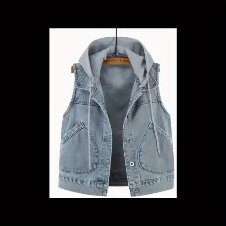 A Loose-Fitting Spring And Autumn Jacket in a Trendy Korean Style, Featuring Versatile Square Slant Pockets, Sleeveless Design, Short Length, And Single-Breasted Closure. The Hood Is Detachable, Making It a Stylish Hoodie Jacket.