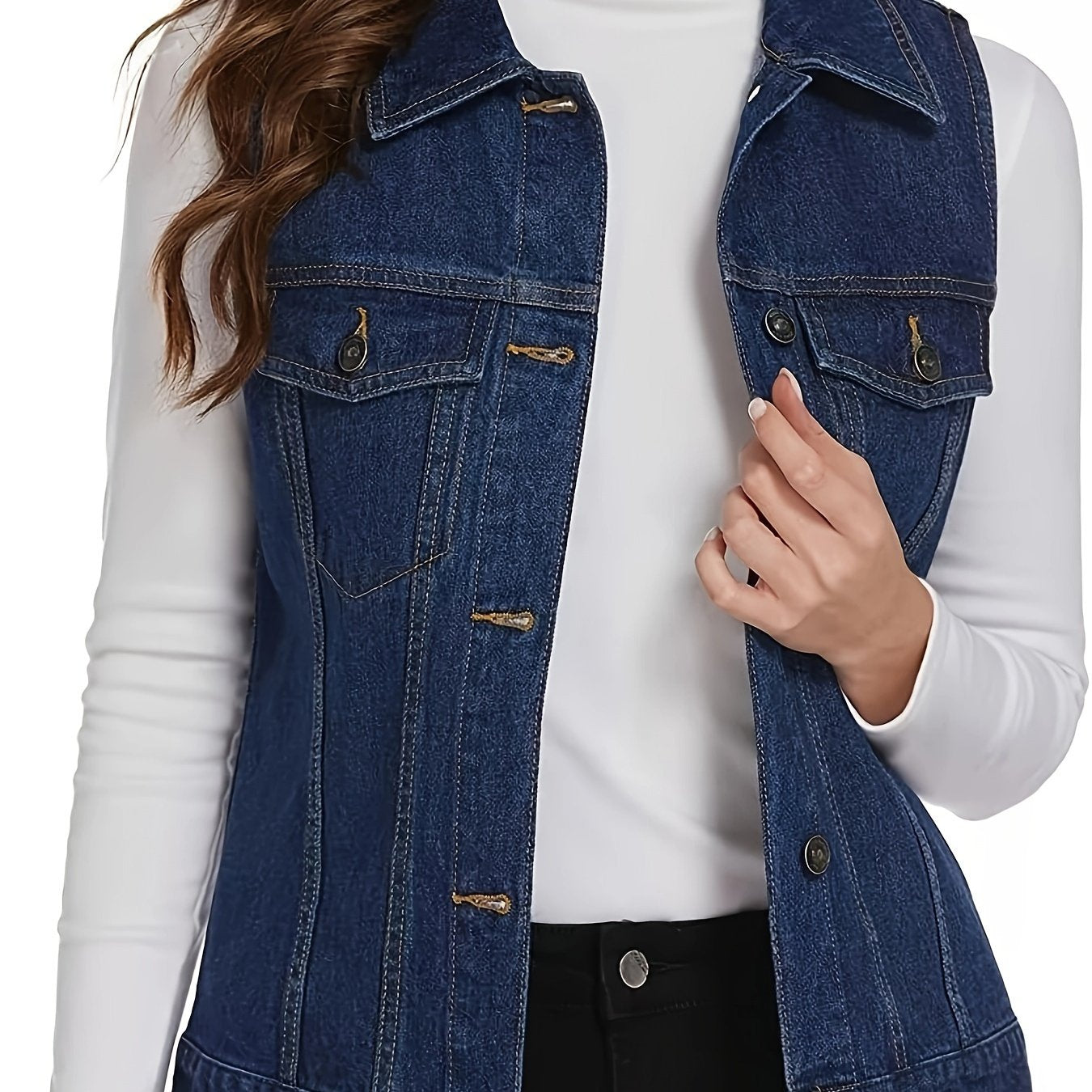 Women's Sleeveless Denim Vest Jacket with Flap Pockets - Casual Light Blue Jean Vest for Spring\u002FFall, Machine Washable, Classic Collar Design