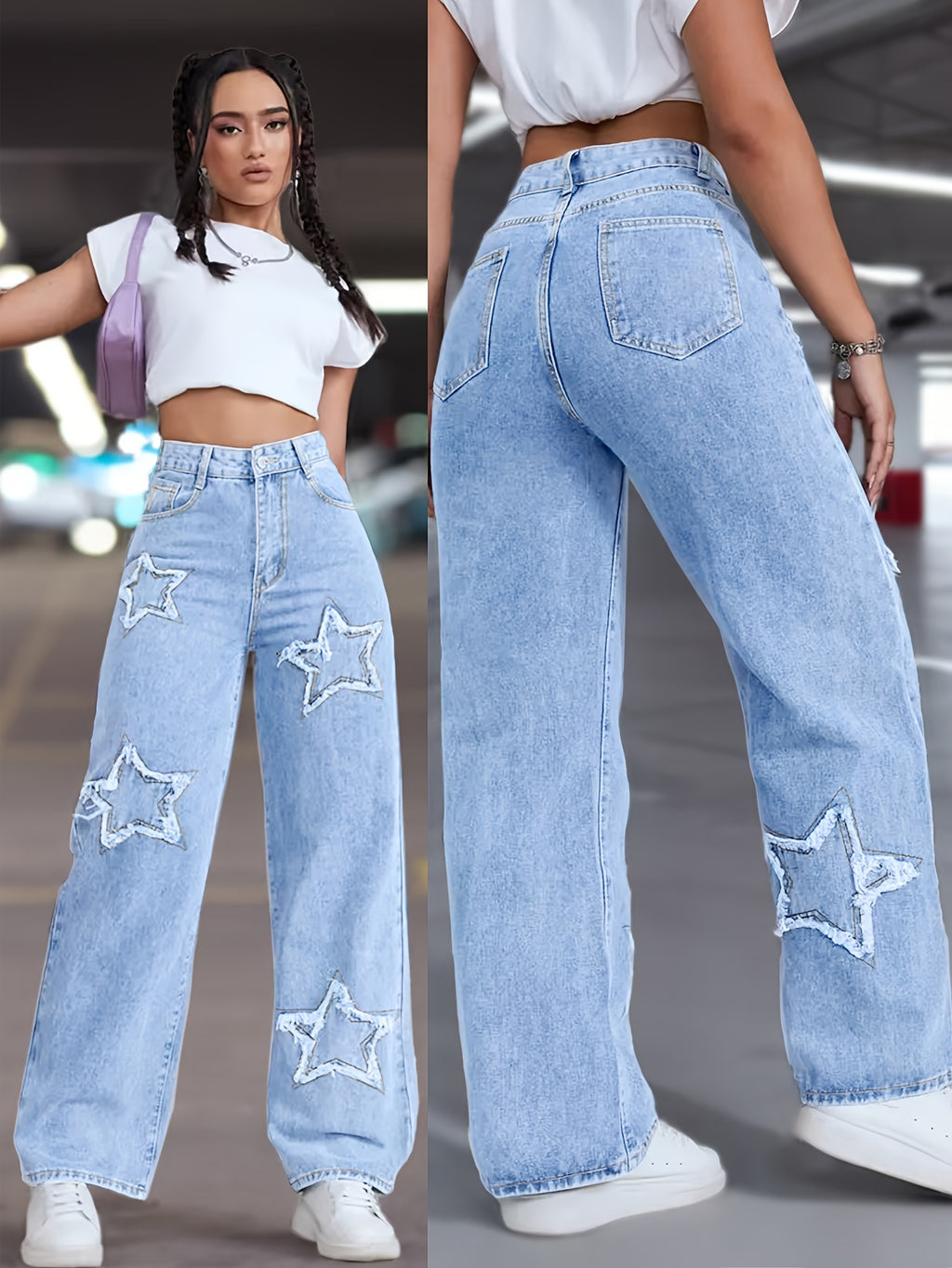 Women's Elegant Star Straight-Leg Jeans - Stretch Denim, Comfort Fit, Machine Washable, Versatile All-Season Wear