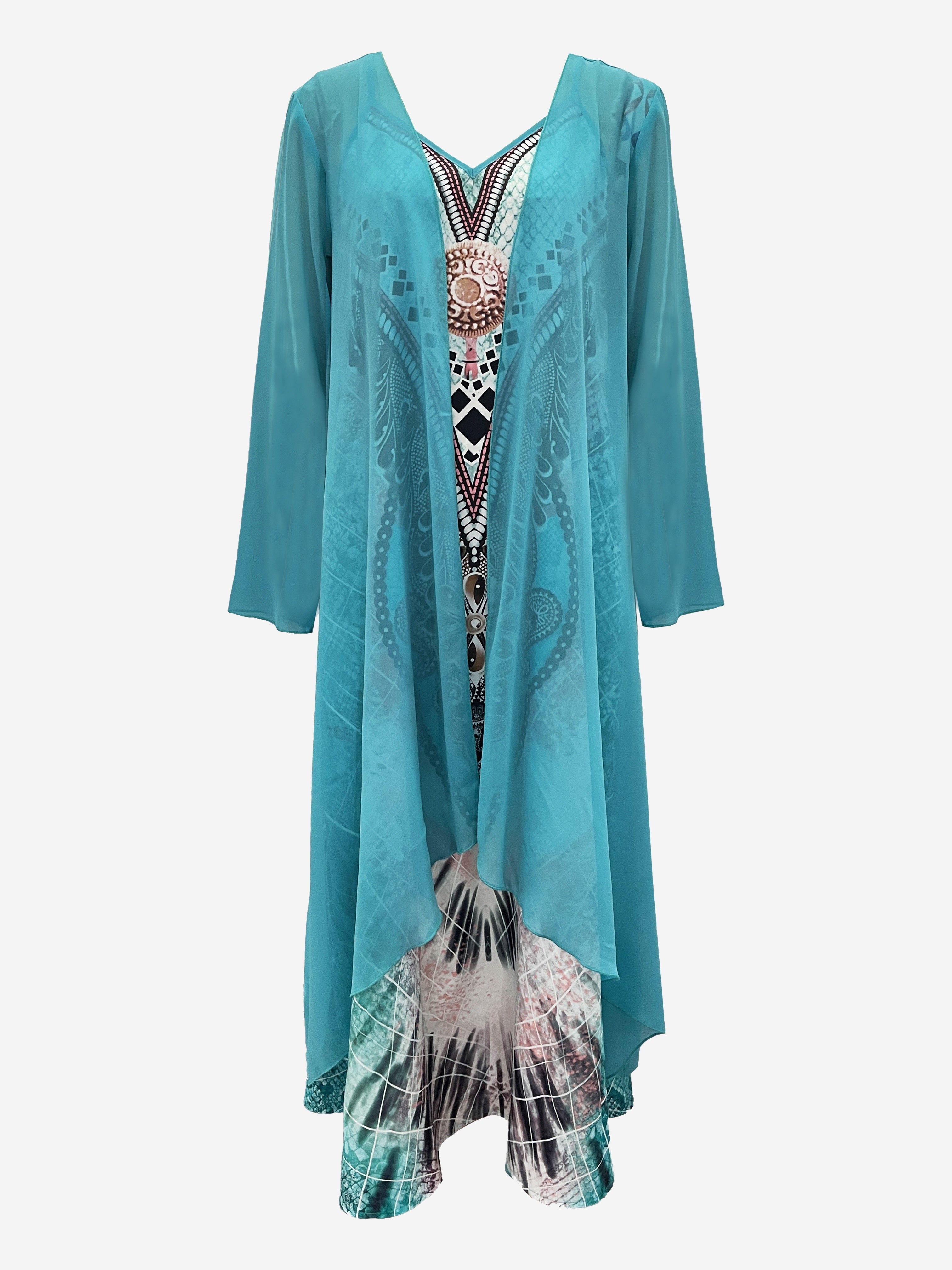 Bohemian Style Long Dress Set for Women - Two-Piece Chiffon Jacket and V-Neck Printed Maxi Dress, Casual Date Outfit with Ethnic Patterns, Vacation Wear