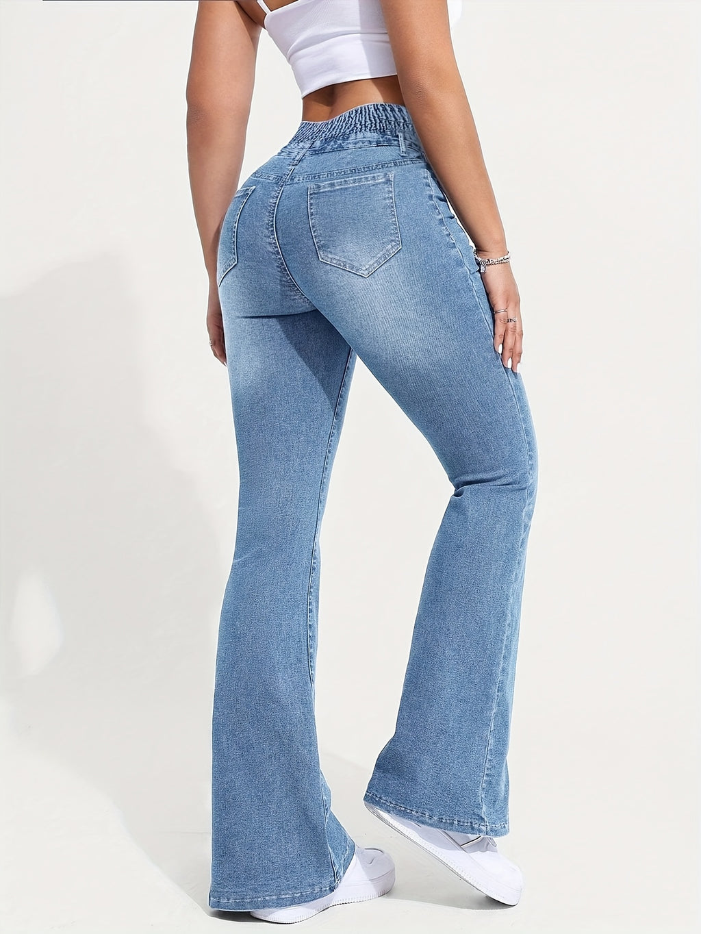 Women's High-Waist Stretch Denim Flare Jeans with Front Button Closure, Comfortable Bell Bottoms in Light Blue Washed Finish, Elegant & Trendy Design for Casual Attire