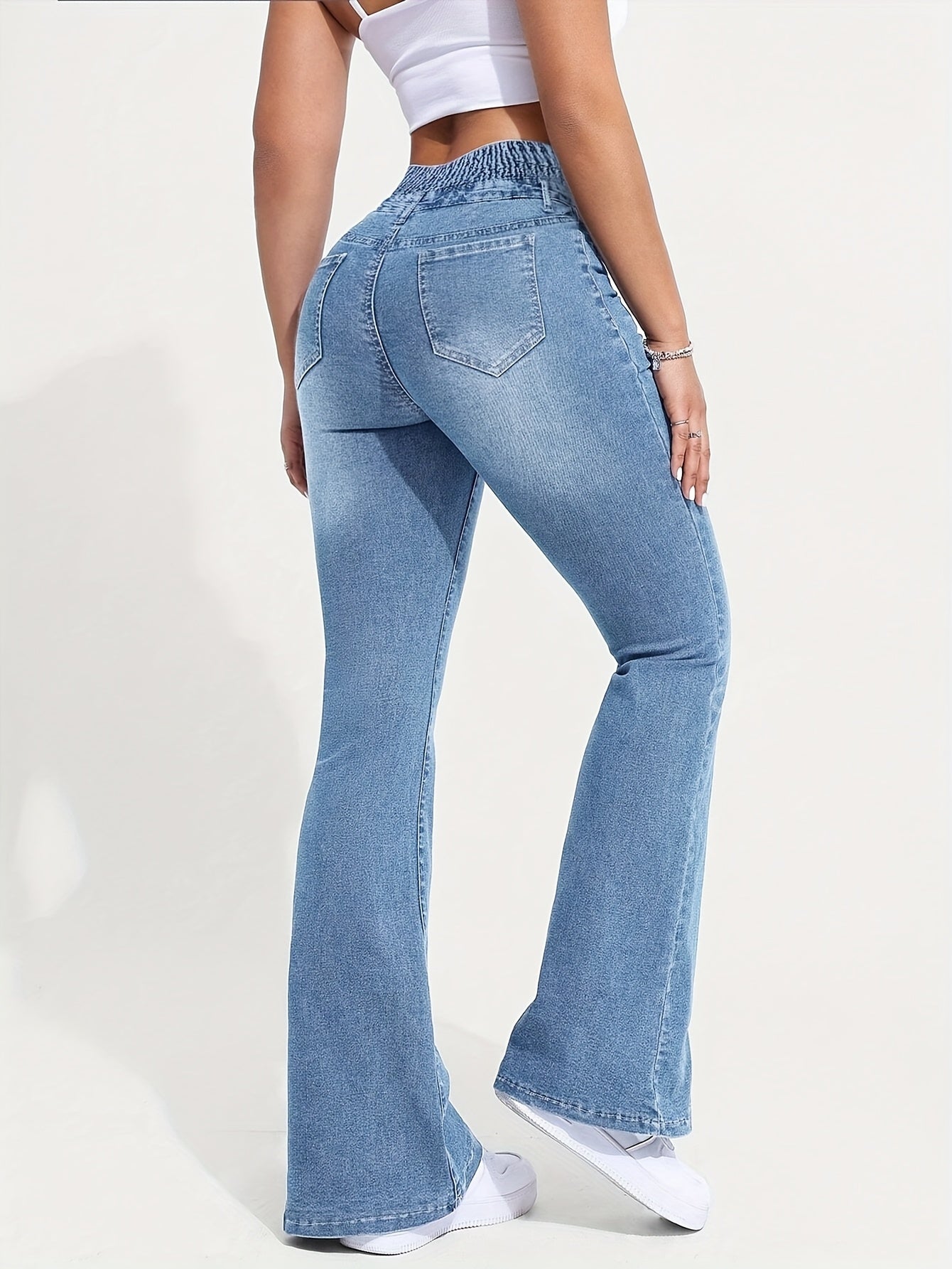 Women's High-Waist Stretch Denim Flare Jeans with Front Button Closure, Comfortable Bell Bottoms in Light Blue Washed Finish, Elegant & Trendy Design for Casual Attire