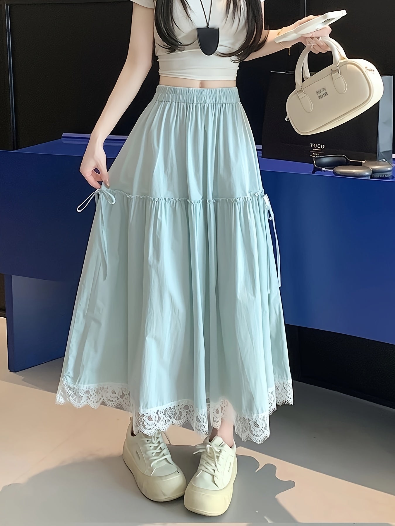 Elegant Blue Lace Trim A-Line Midi Skirt for Women - Lightweight Polyester, Flowy Umbrella Hem, Perfect for Spring\u002FSummer, Versatile Fashion Accessory, Summer Fashion | Flowy A-Line Skirt | Lightweight Skirt