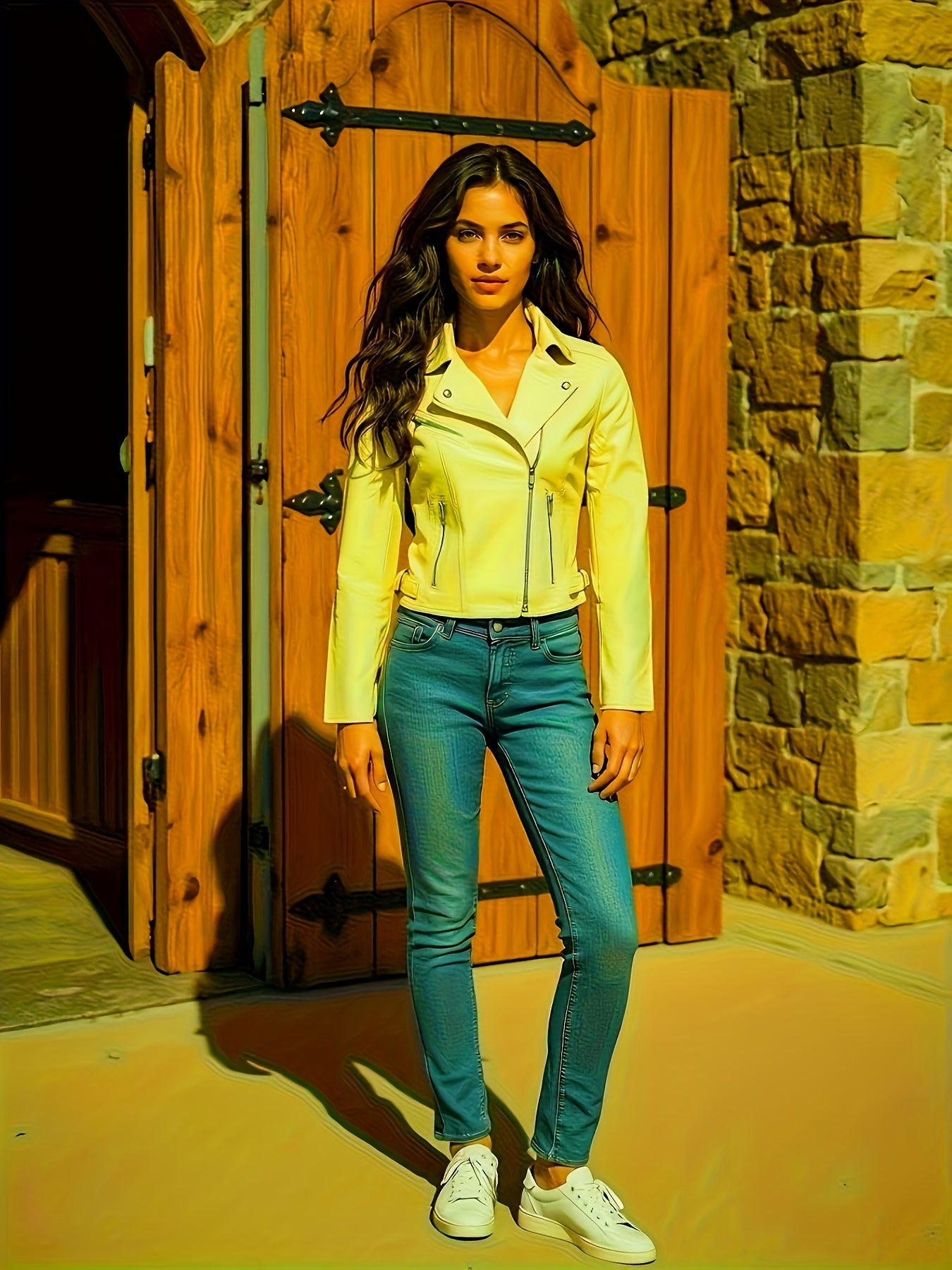 Women's Stylish PU Leather Jacket - Casual Short Outerwear with Zippered Sleeves, Bright Yellow, Perfect for Spring & Summer, Versatile Fashion | Sleek Appearance