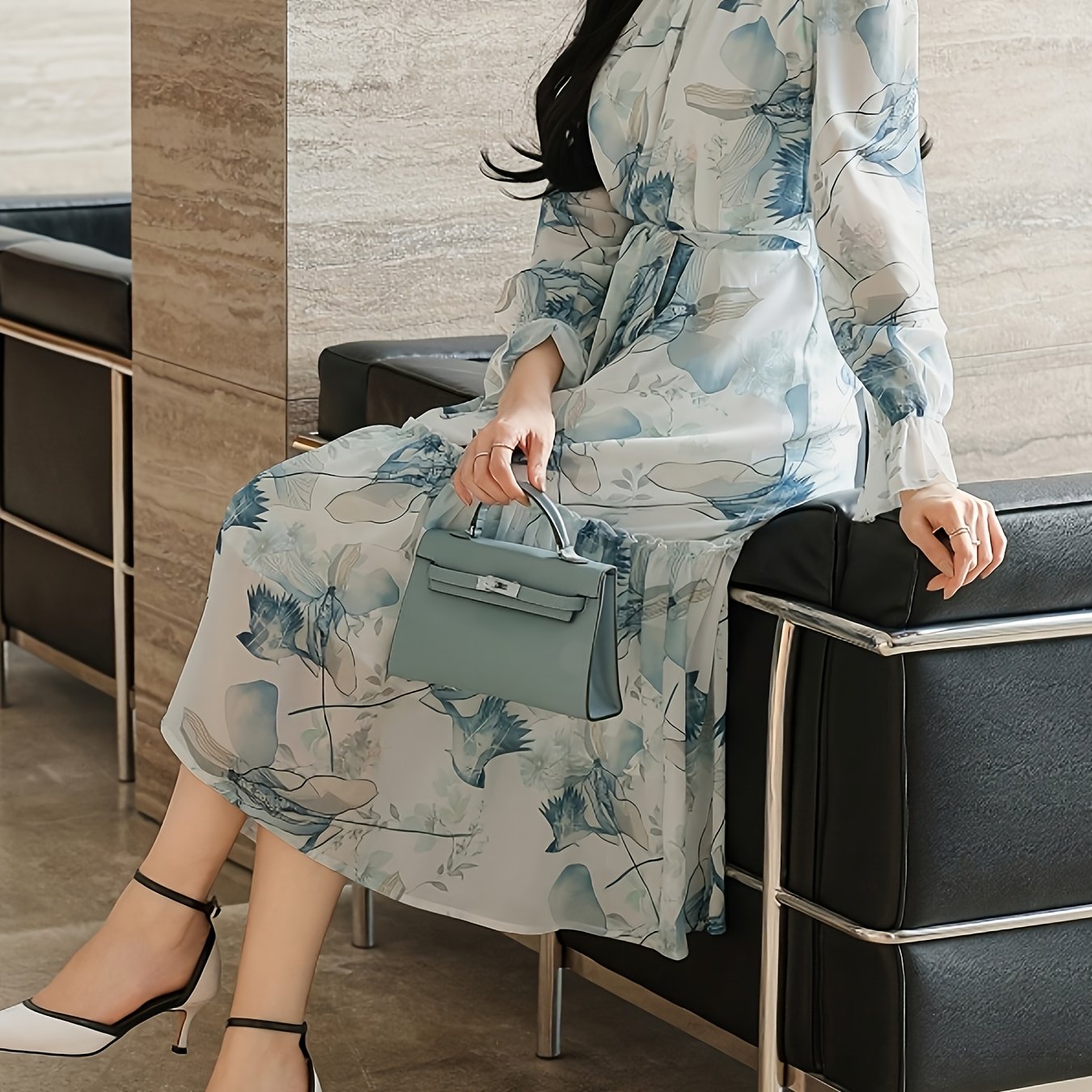 Elegant Floral Print A-Line Dress with Adjustable Waist and Crew Neck - Light Blue Floral Pattern, Short Sleeve, Summer Women'S Dress, Elegant Event Attire | Floral Print Dress | Sleeveless Dres