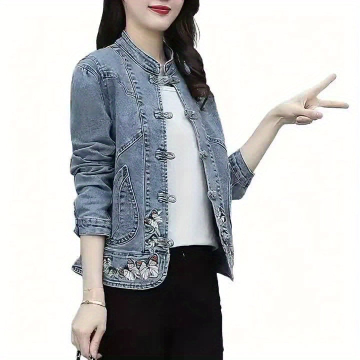 New Chinese Style Windproof Button Butterfly Embroidered Long Sleeve Denim Jacket, Spring Casual Retro Stand Collar New National Style Women'S Short Jacket Casual Jacket