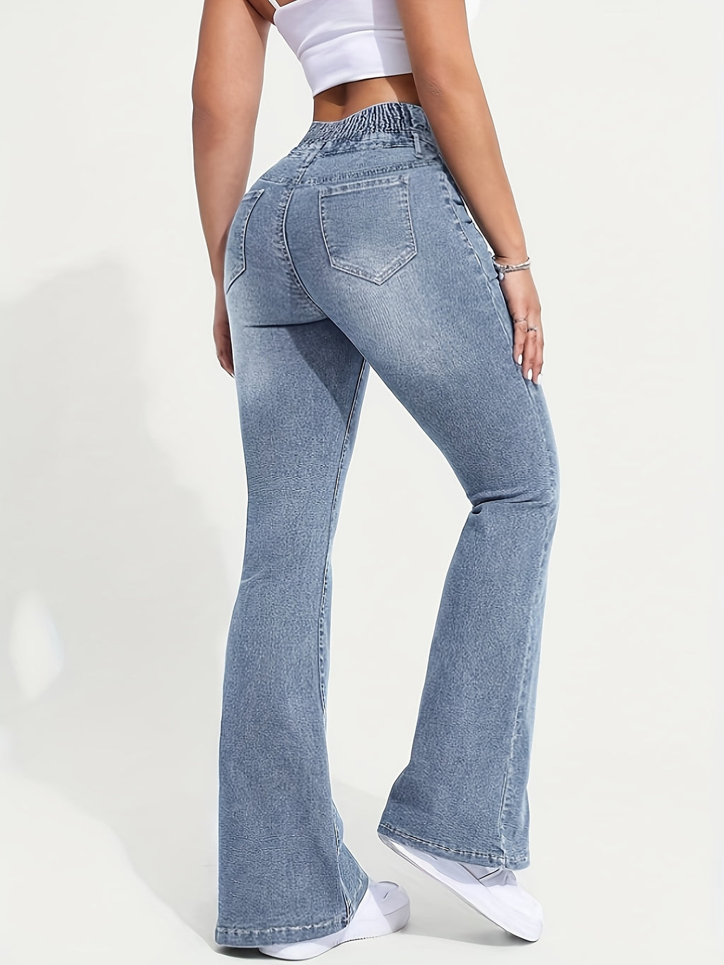 Stretch Comfort Women's High-Waist Stretch Denim Flare Jeans - Sexy Bell Bottoms with Slant Pockets, Light Blue Washed Mid-Rise Denim Pants for Everyday Style, Everyday Jeans | Sexy Highwaist Jeans | Comfortable Fit