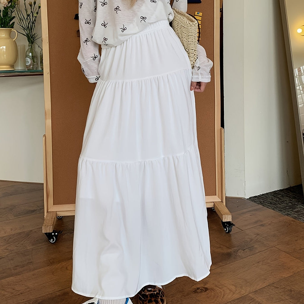 Spring And Autumn Women'S High-Waisted Slimming Versatile White Midi Skirt with Elastic Waist, Mid-Length Black Skirt with Lining, Beach Party Long Skirt.