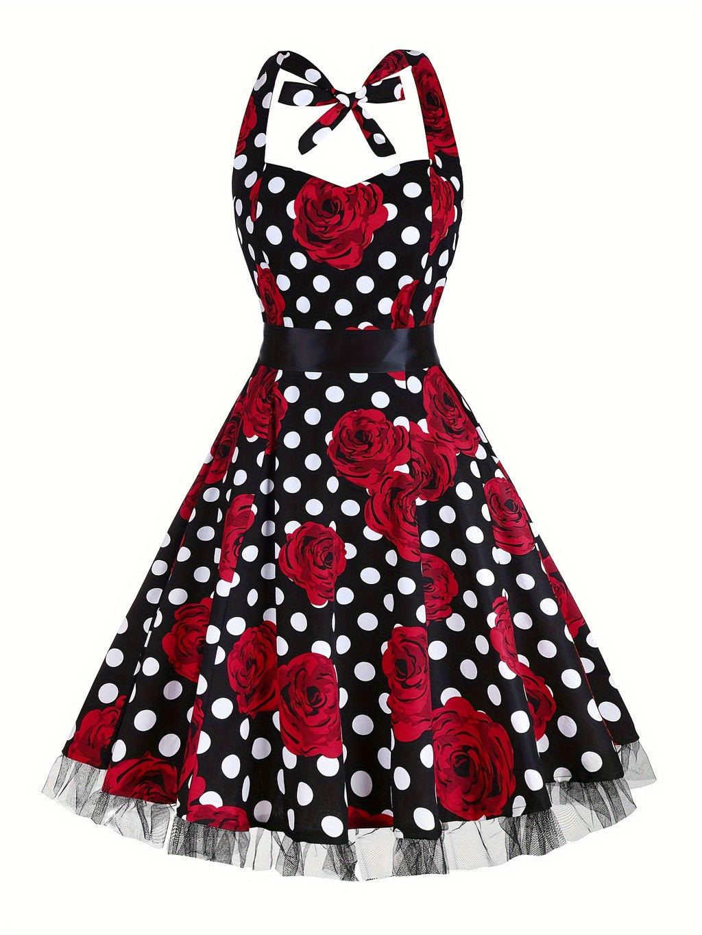 Women'S Fashion Dress, Polyester, Halter Neck, Polka Dot Pattern, A-Line, All-Season, Adult, Woven Fabric