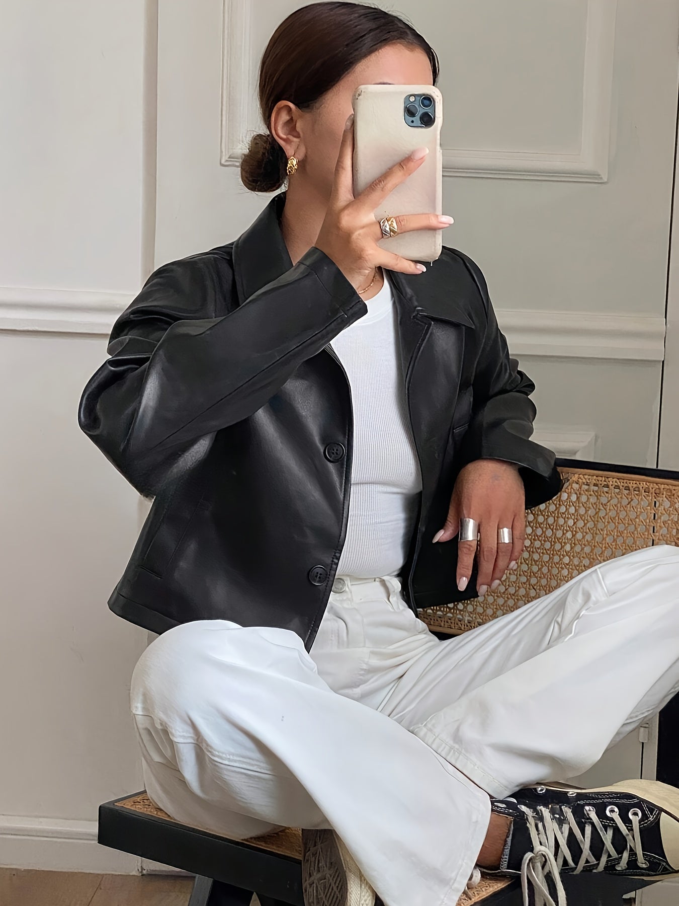 Women's Short Casual Solid Color Minimalist PU Leather Jacket - Button-Up, Non-Stretch Fabric, Perfect for Casual Attire, Allseason Outerwear | Buttonup Jacket | Durable Casual Wear