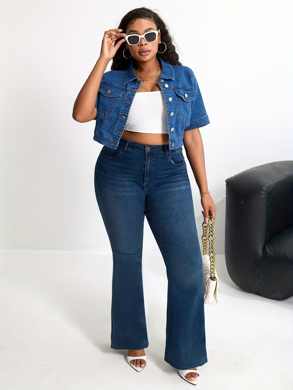 Plus Size Women'S Stretch Denim Short Sleeve Vest - Elegant V-Neck Button-Up Jacket with Pockets, Medium Stretch Fabric, Perfect for Spring\u002FSummer Casual Wear, Jean Jacke