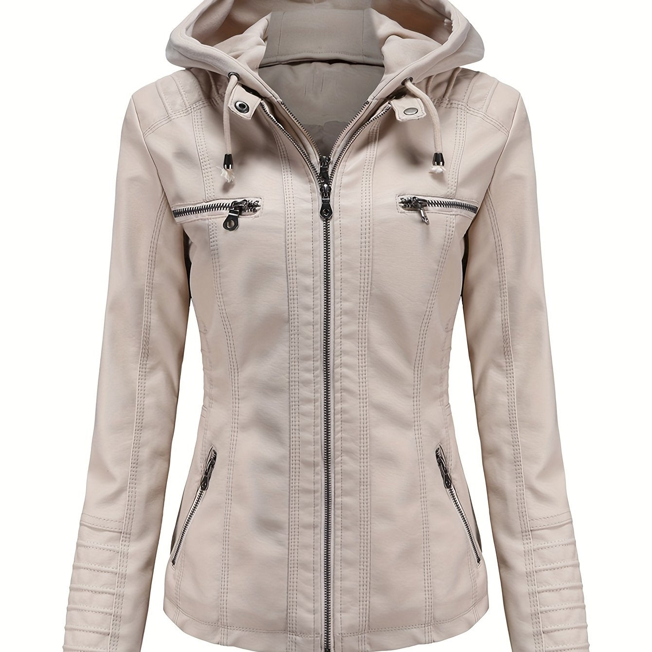 Women'S Elegant Black Hooded Jacket with Detachable Shoulder Straps - Perfect for Spring and Fall, Casual Style, Zipper Closure, Faux Leather Outerwear, Casual Jacket| Detachable Shoulder Straps|Zipper Closure Jacke