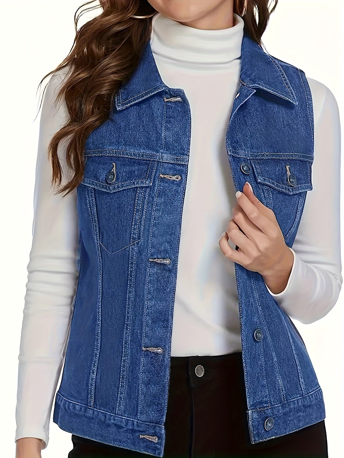 Women'S Solid Color Casual Fashion Jacket, Trendy And Classic Multi-Button Vest, Deep Blue Washed Denim Jacket, Comfortable Fit, Suitable for All Seasons.
