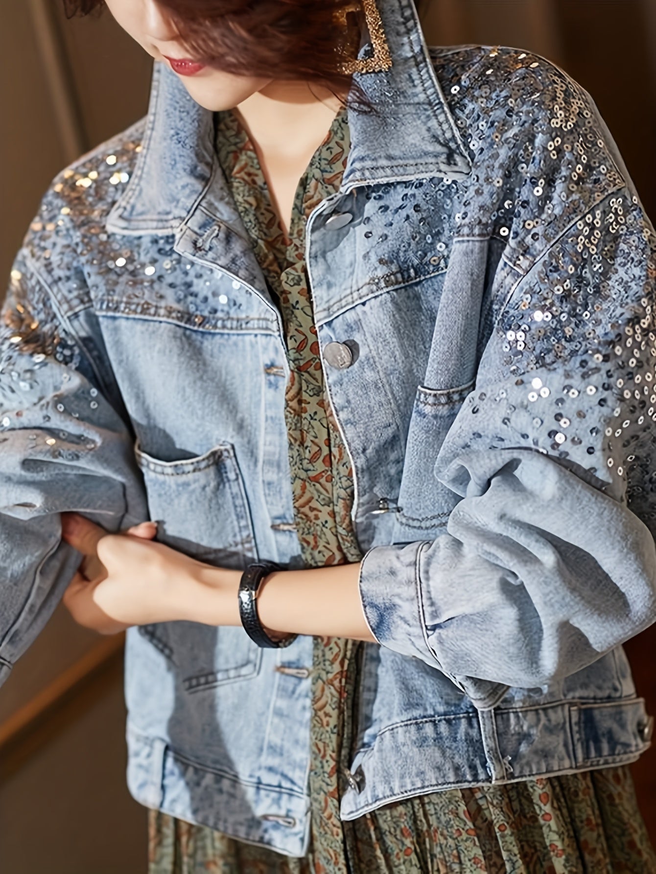 Women's Light Blue Denim-Look Jacket with Sequin Details, Flap Pockets, and Buttoned Cuffs - Stylish Long Sleeve Outerwear for Spring\u002FFall, Ladies Denim Jacket, Casual Outerwear | Trendy Women's Jacket | Sequin Accents