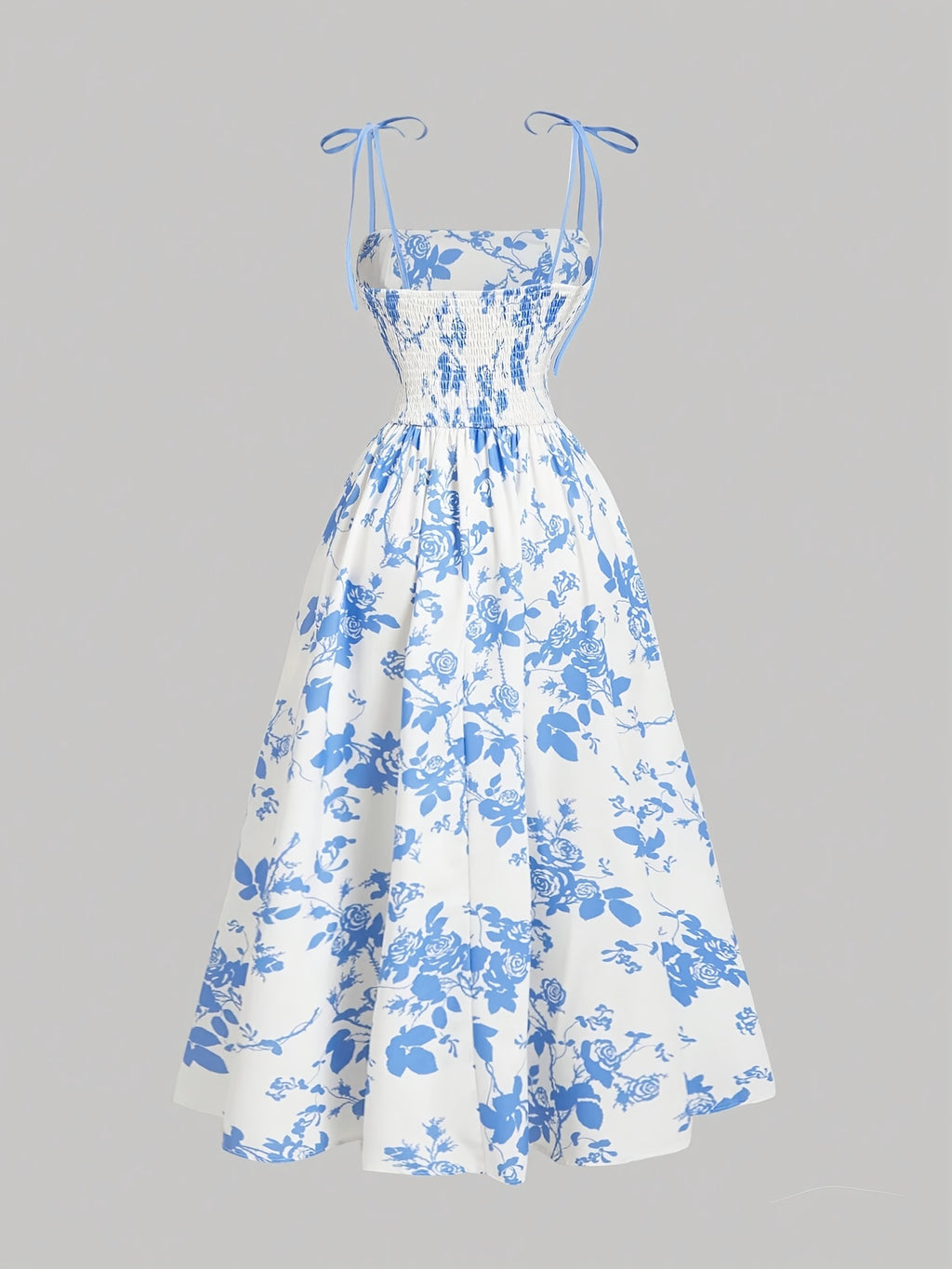 Elegant Floral Print Square Neck Dress for Women - Sleeveless A-Line Midi with Lace-Up Detail, Spring\u002FSummer\u002FFall Fashion, White with Blue Floral Patterns, Floral Dress