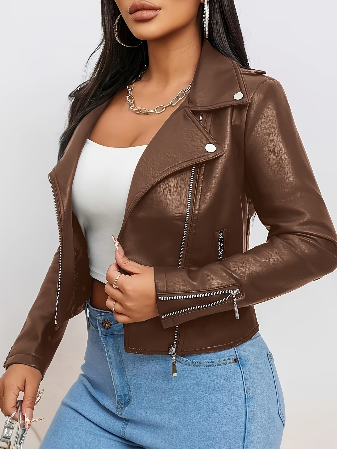 Women'S Chic Faux Leather Biker Jacket - Beige, Long Sleeve, Zipper Front, Pockets, Skinny Fit, Spring\u002FFall Fashion, Casual Attire Jacket|Chic Casual Jacket|Zippered Jacket