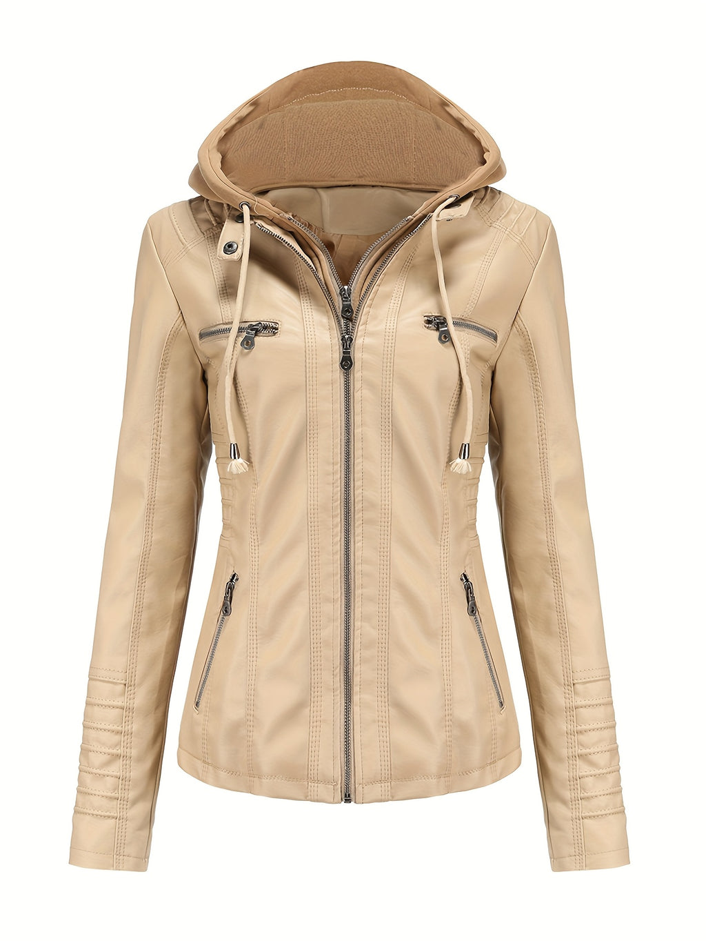 Women'S Elegant Black Hooded Jacket with Detachable Shoulder Straps - Perfect for Spring and Fall, Casual Style, Zipper Closure, Faux Leather Outerwear, Casual Jacket| Detachable Shoulder Straps|Zipper Closure Jacke