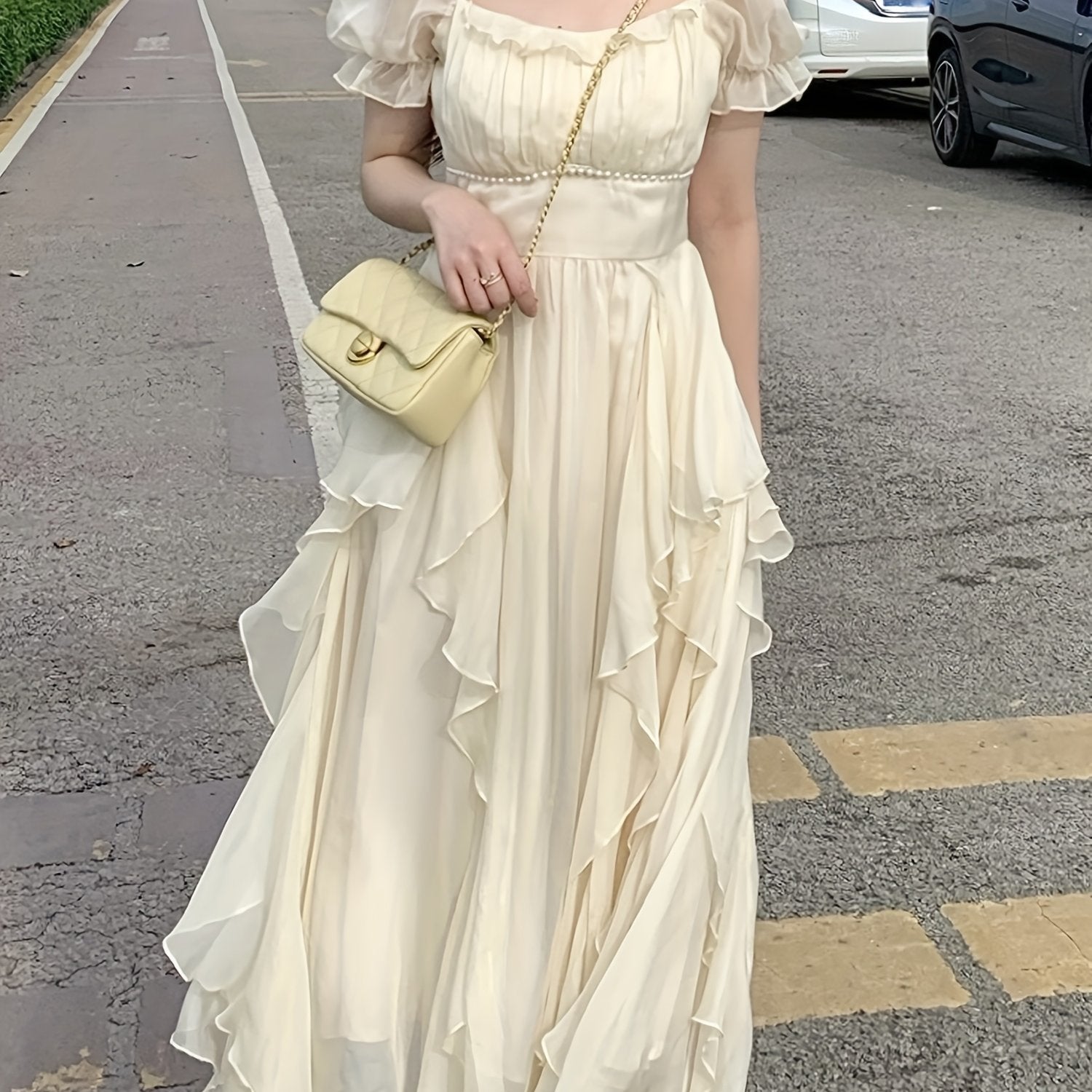 Elegant French-Inspired Midi Dress with Ruffled Sleeves and Square Neckline - Beaded Cinched Waist, Flowing A-Line Silhouette, Perfect for Spring\u002FSummer, Cute Dres
