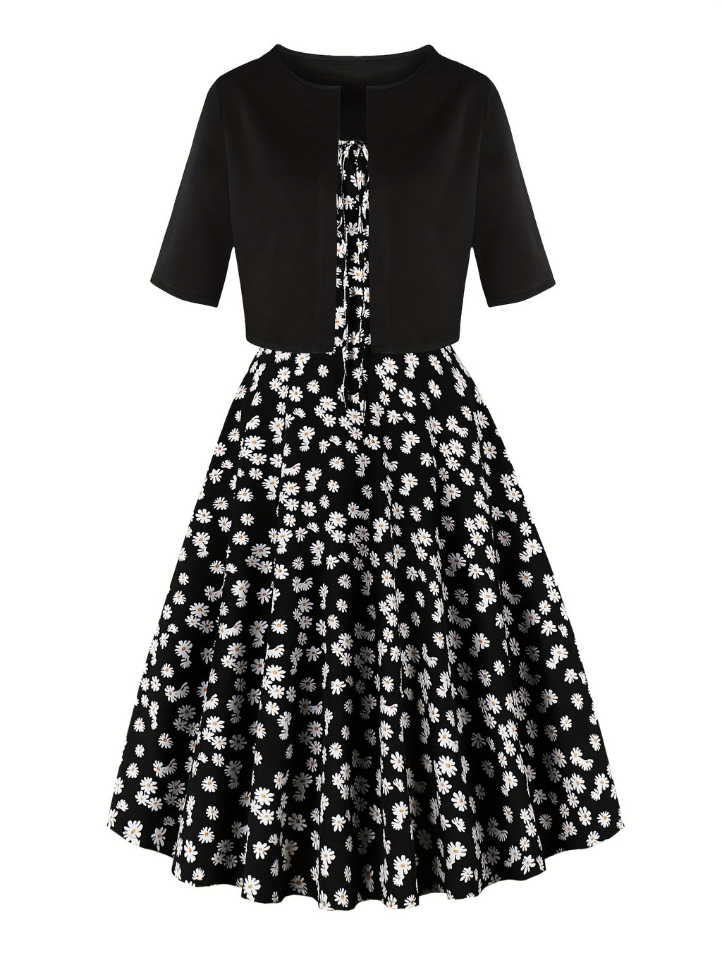 1pc Elegant Floral Print Two-Piece Dress Set, Polyester 100%, Crew Neck, Short Sleeve Top with Bow Detail, Woven Skirt, Spring\u002FSummer Party Outfit