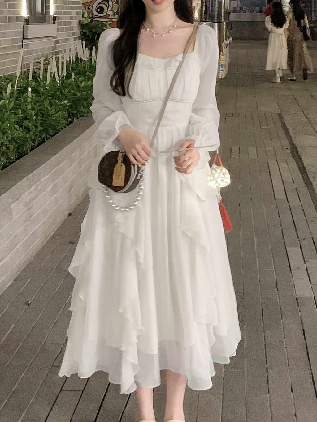 Elegant French-Inspired Midi Dress with Ruffled Sleeves and Square Neckline - Beaded Cinched Waist, Flowing A-Line Silhouette, Perfect for Spring\u002FSummer, Cute Dres