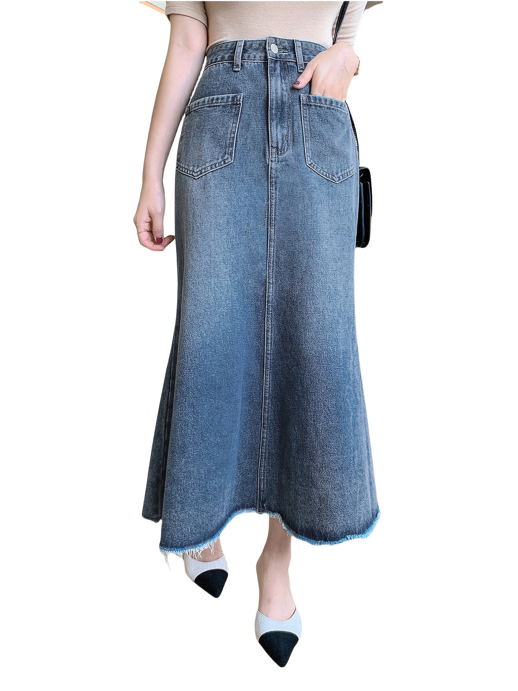 Women'S Denim Mermaid Skirt - High-Waisted, Frayed Hem, Casual Style, Non-Stretch Rayon, Ideal for Spring\u002FSummer\u002FFall, Casual Attire|Casual Style|Nonstretch Fabric