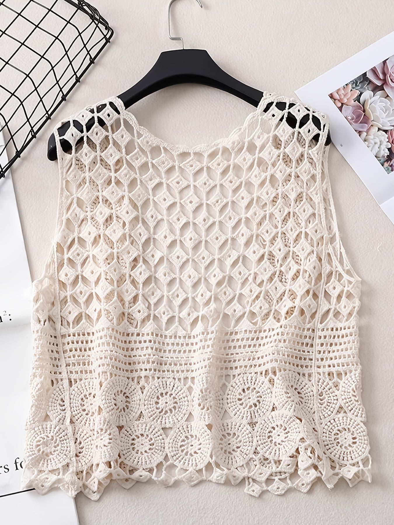 Boho Chic Cotton Breathable V-Neck Cardigan Vest for Women - Sleeveless, Hollow Out Design with Geometric Pattern, Perfect for Spring\u002FSummer, Short Fashion, Outdoor Wear, 14-16