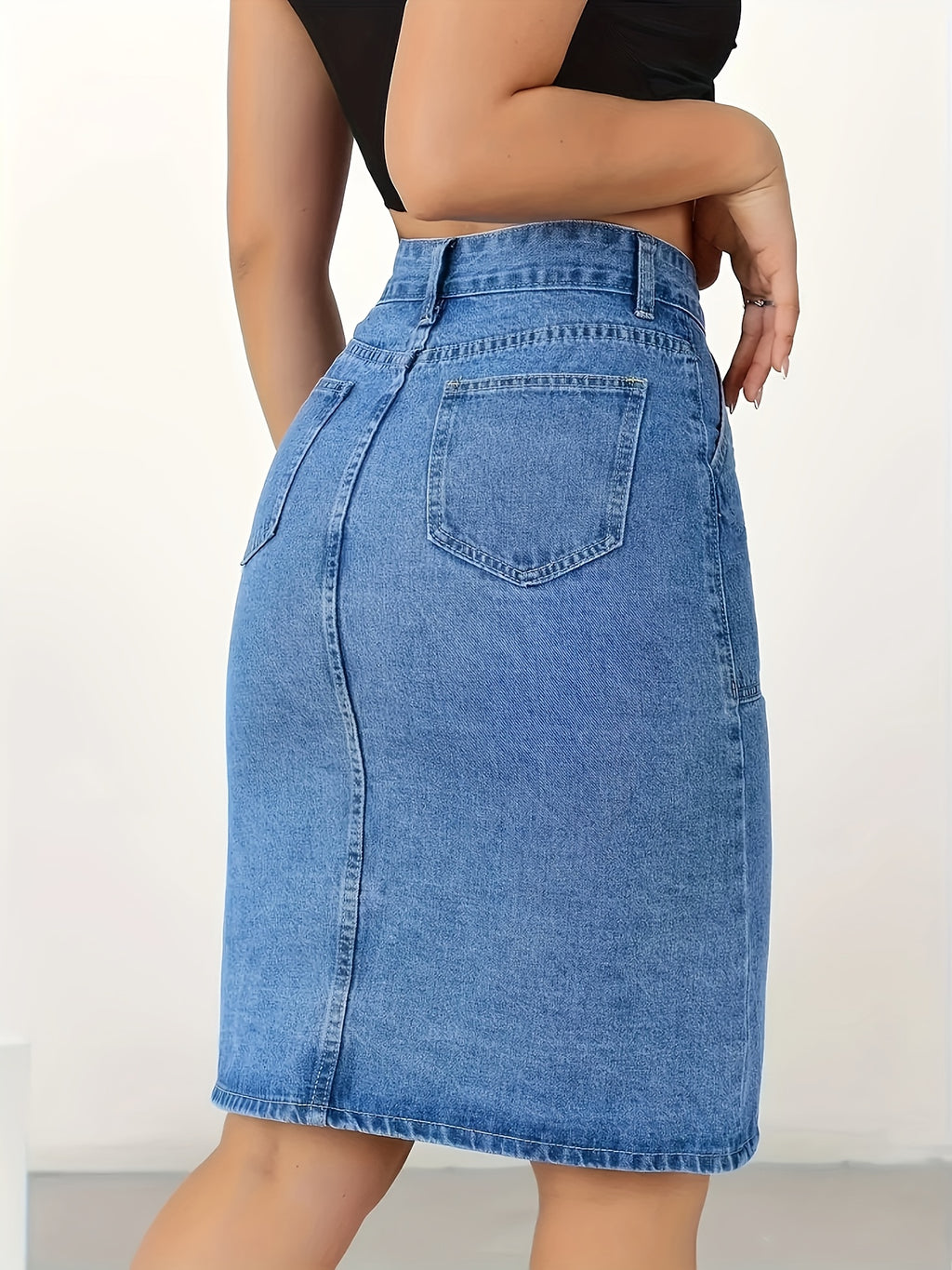 Sexy Denim Skirt for Women - Solid Color, Woven, Button Detail, Split Hem, Regular Fit, No Belt, Spring\u002FFall Collection