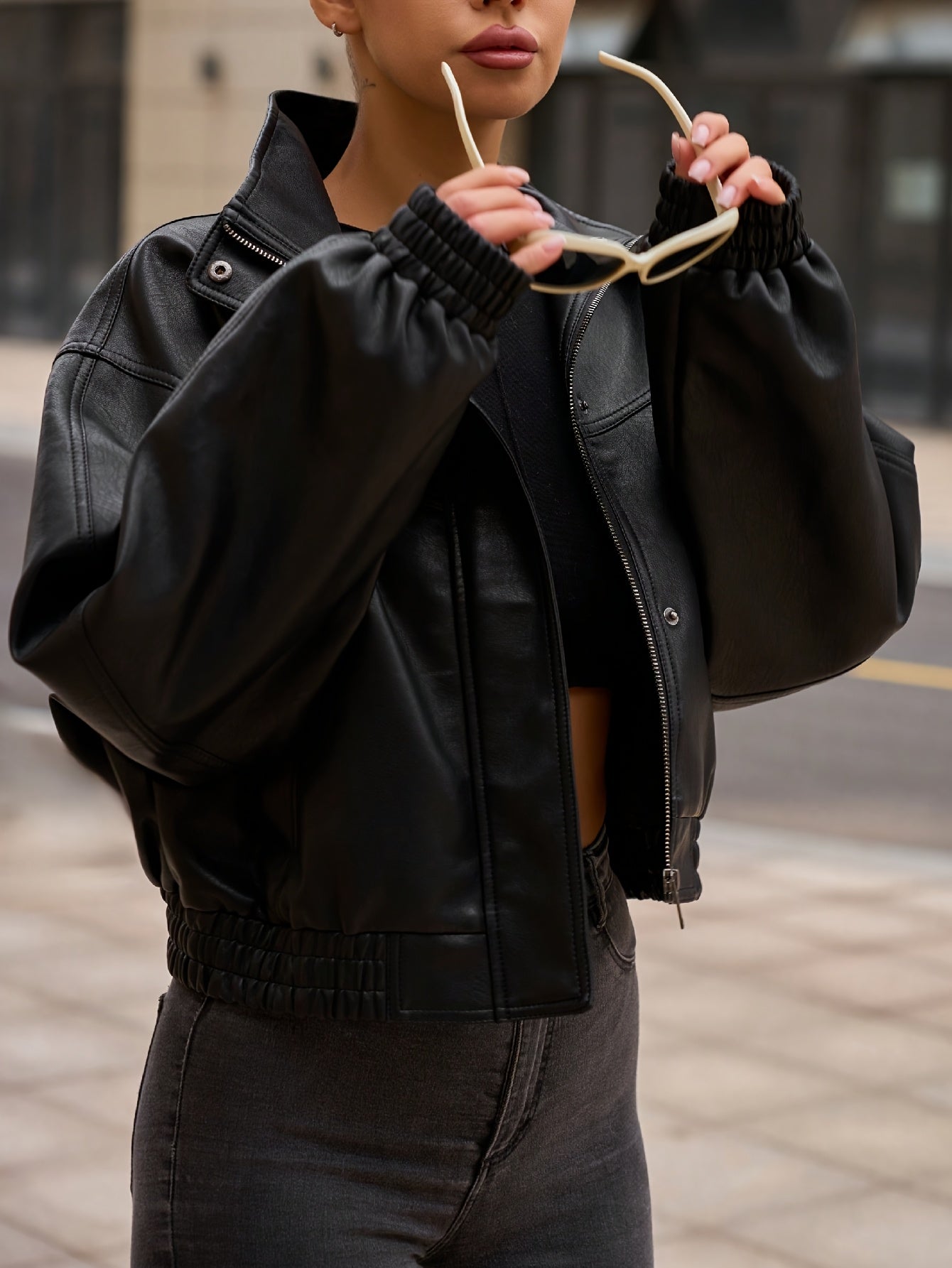 Women'S Casual Stand Collar Black Cropped Jacket, Faux Leather with Zipper, Solid Color, Long Sleeve, Short Length, Fall\u002FWinter Outerwear, 91% Polyester 5% 4% Viscose