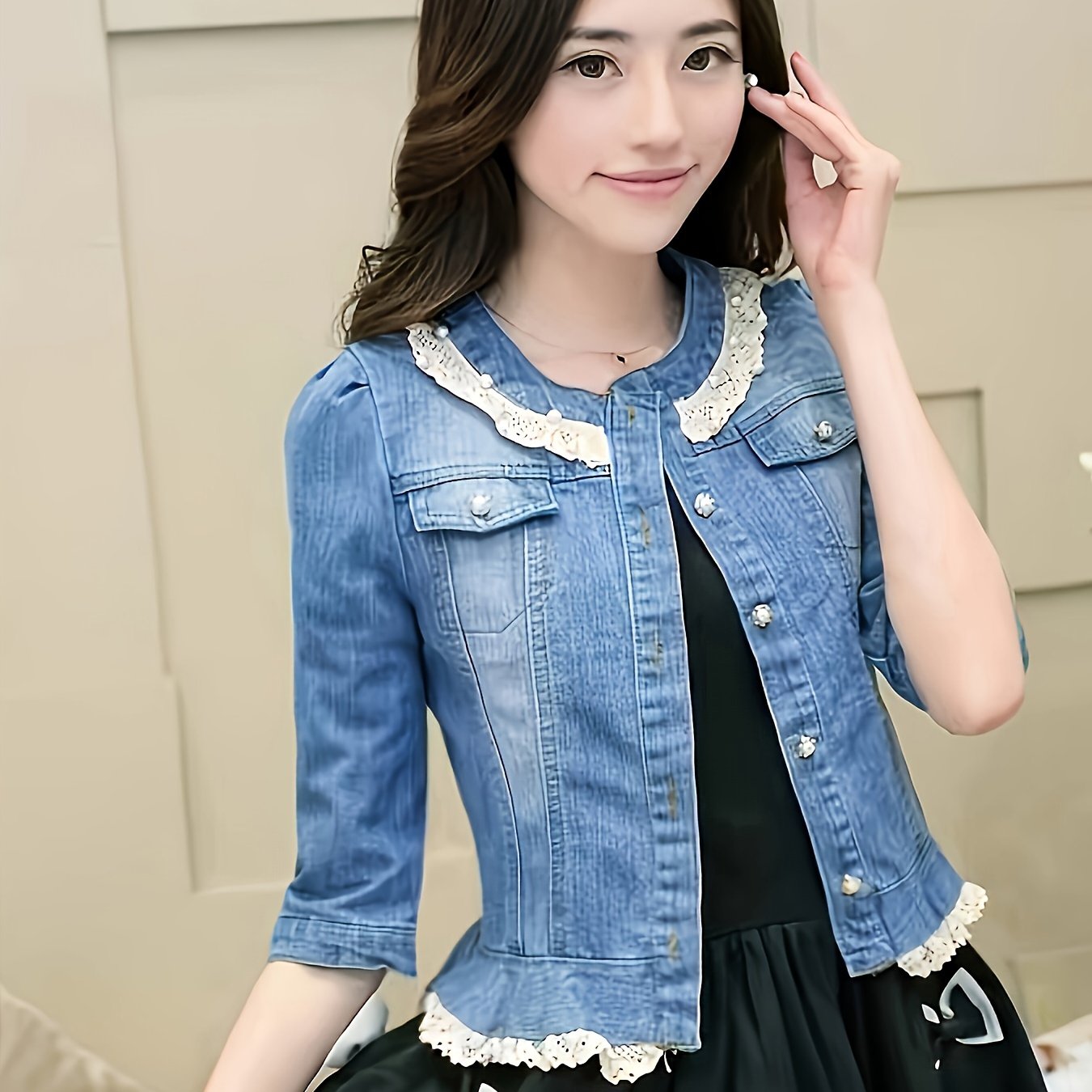 Lace Decor 3\u002F4 Sleeve Button Up Elegant Washed Blue Slim Fit Coquette Aesthetic Denim Jacket, Women's Denim Jeans & Clothing