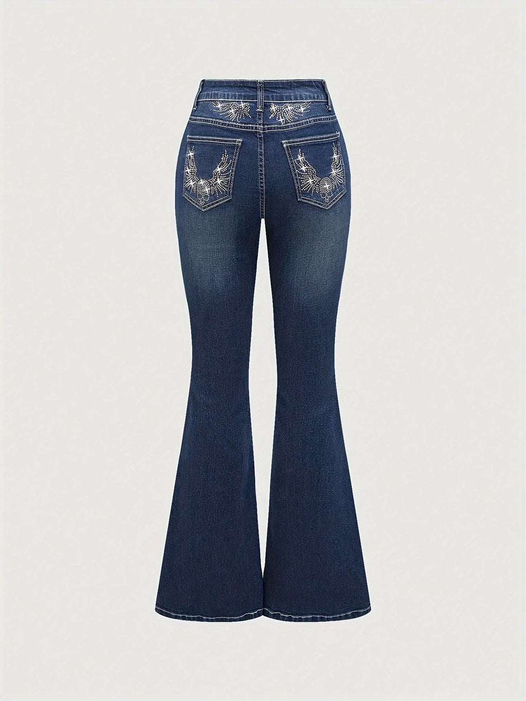 Stretch Comfort Women's Stretch Denim Flare Jeans with Rhinestone Details - Elegant Blue Bell Bottom Pants, Mid-Rise, Blend, Machine Washable, All-Season Comfort Fit