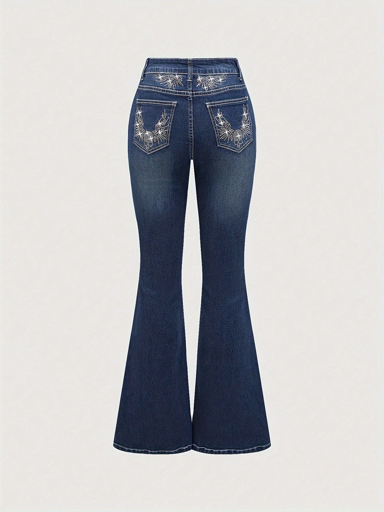 Stretch Comfort Women's Stretch Denim Flare Jeans with Rhinestone Details - Elegant Blue Bell Bottom Pants, Mid-Rise, Blend, Machine Washable, All-Season Comfort Fit