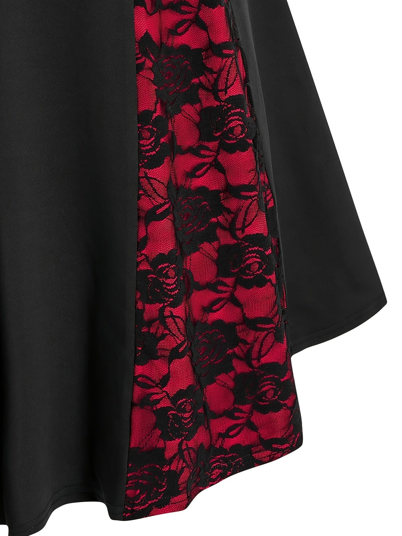 Gothic-Inspired Women's Outfit Set: Rose Lace Contrast Dress with Tie Waist & Long Sleeve Top, Plus Matching Hat - Perfect for Christmas & Casual Parties