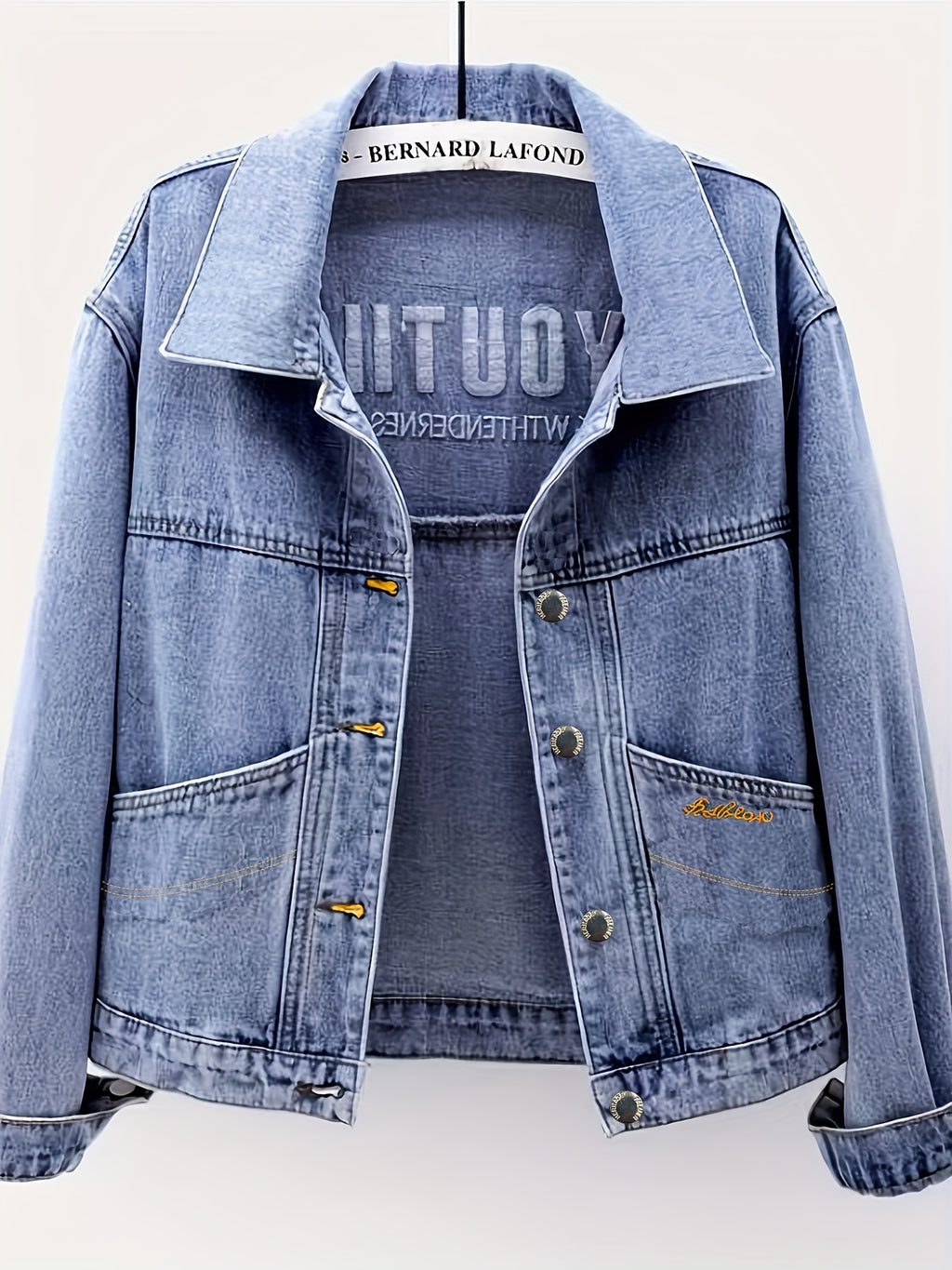 Women's Relaxed Fit Denim Jacket with Letter Embroidery - Lightweight 100% Polyester Machine-Washable Spring\u002FFall Casual Chic Coat for Commuting & Casual Attire