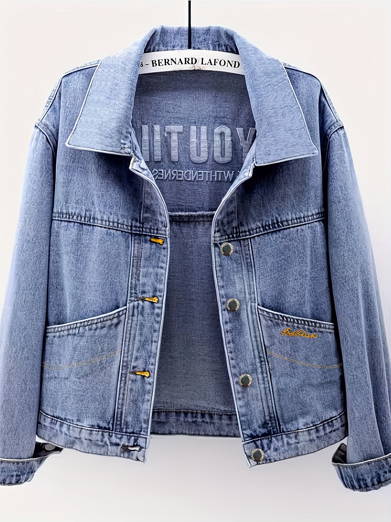 Women's Relaxed Fit Denim Jacket with Letter Embroidery - Lightweight 100% Polyester Machine-Washable Spring\u002FFall Casual Chic Coat for Commuting & Casual Attire
