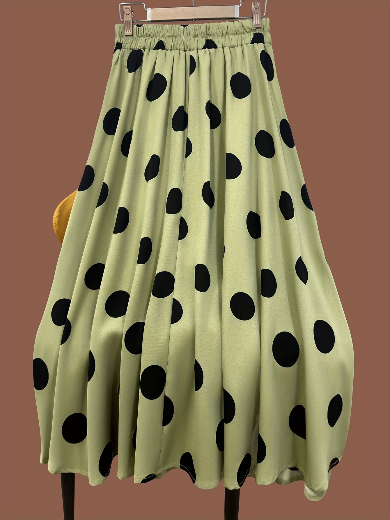 Women's Retro Polka Dot Print Skirt, High-Waisted A-Line Design with Elastic Waistband, Lightweight Polyester Fabric, Green with Black Circles, Casual Spring\u002FSummer Style