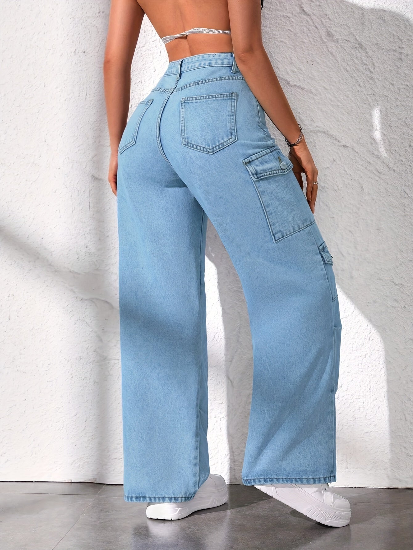 1pc Women's High-Waisted Cargo Jeans, Light Blue Washed Loose Fit, Mid-Stretch Wide-Leg Denim Pants with Multiple Pockets, Casual Style, No Belt, Solid Color, All Seasons