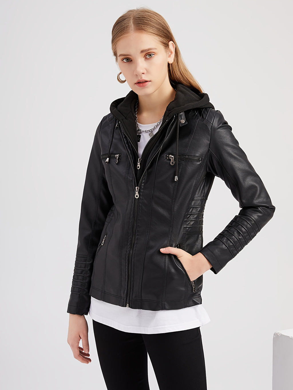 Women'S Elegant Black Hooded Jacket with Detachable Shoulder Straps - Perfect for Spring and Fall, Casual Style, Zipper Closure, Faux Leather Outerwear, Casual Jacket| Detachable Shoulder Straps|Zipper Closure Jacke