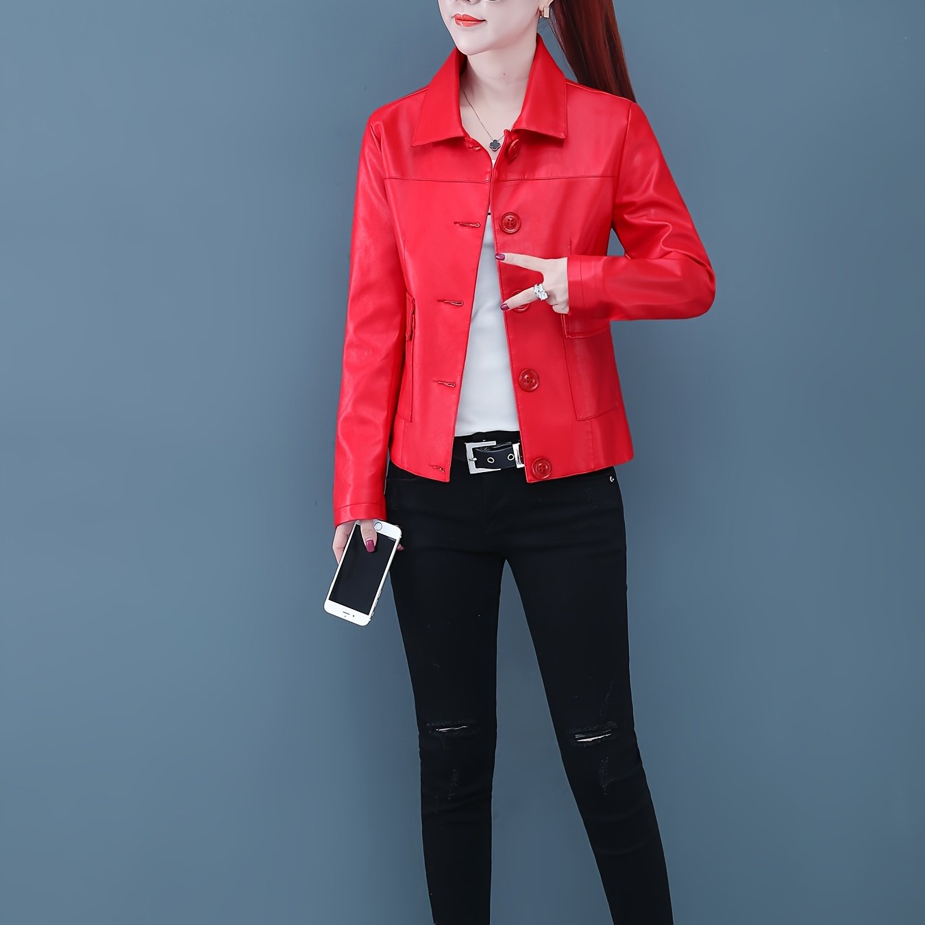 Women's Premium PU Leather Jacket - Elegant Korean Style Short Slim-Fit Red Button-Up Blazer with Notch Lapel & Flared Hem, Spring\u002FAutumn Casual Outerwear